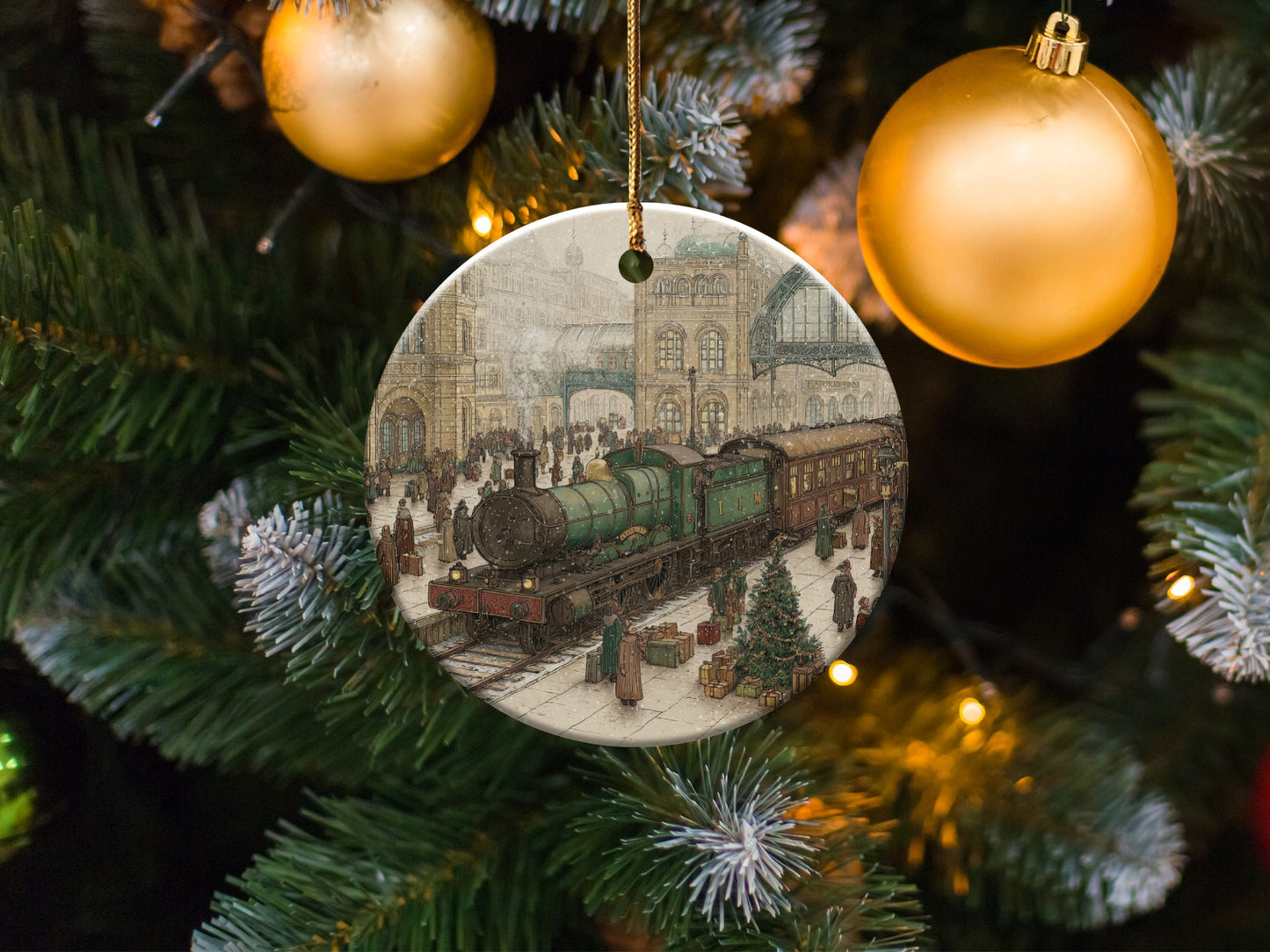 Vintage Christmas Train Station Scene Ornament