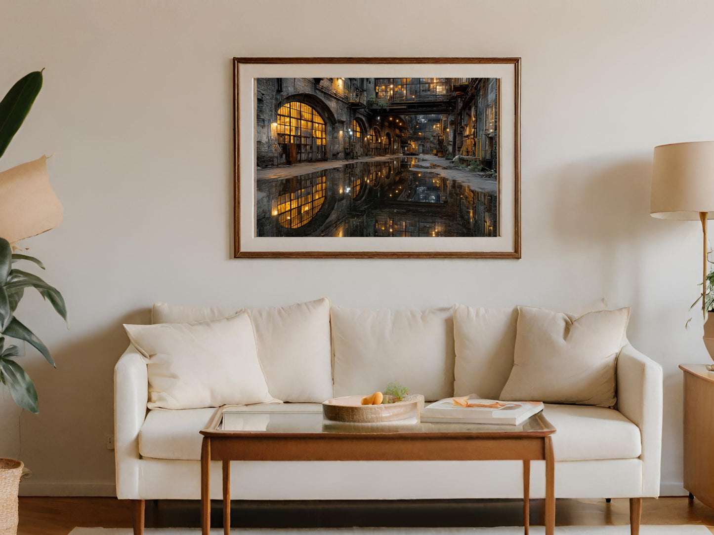 Artwork depicting a lit-up industrial building reflecting in a puddle on the floor.