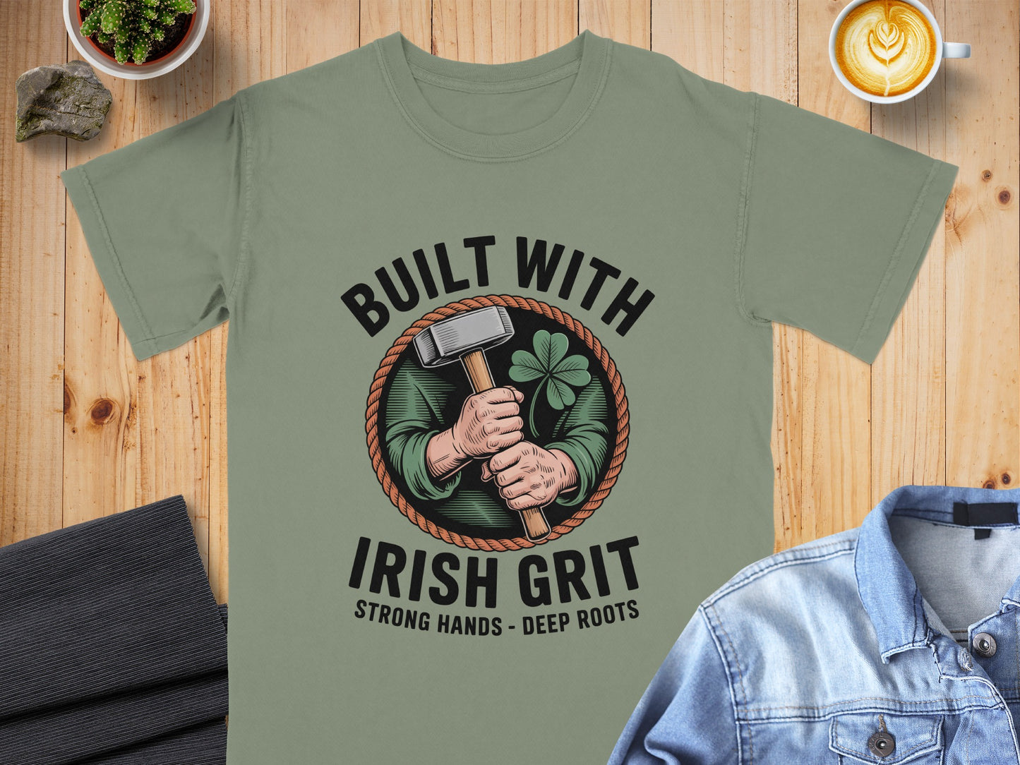 Green t-shirt with "Built with Irish Grit" text and graphic of hands holding hammer and shamrock.