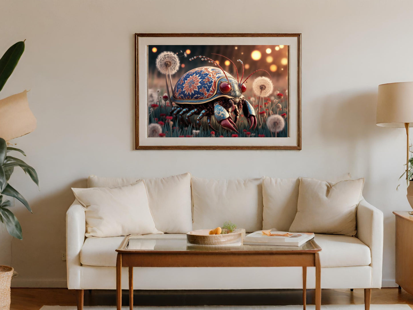 Framed digital artwork of a mechanical beetle with ornate patterns on a white couch wall.