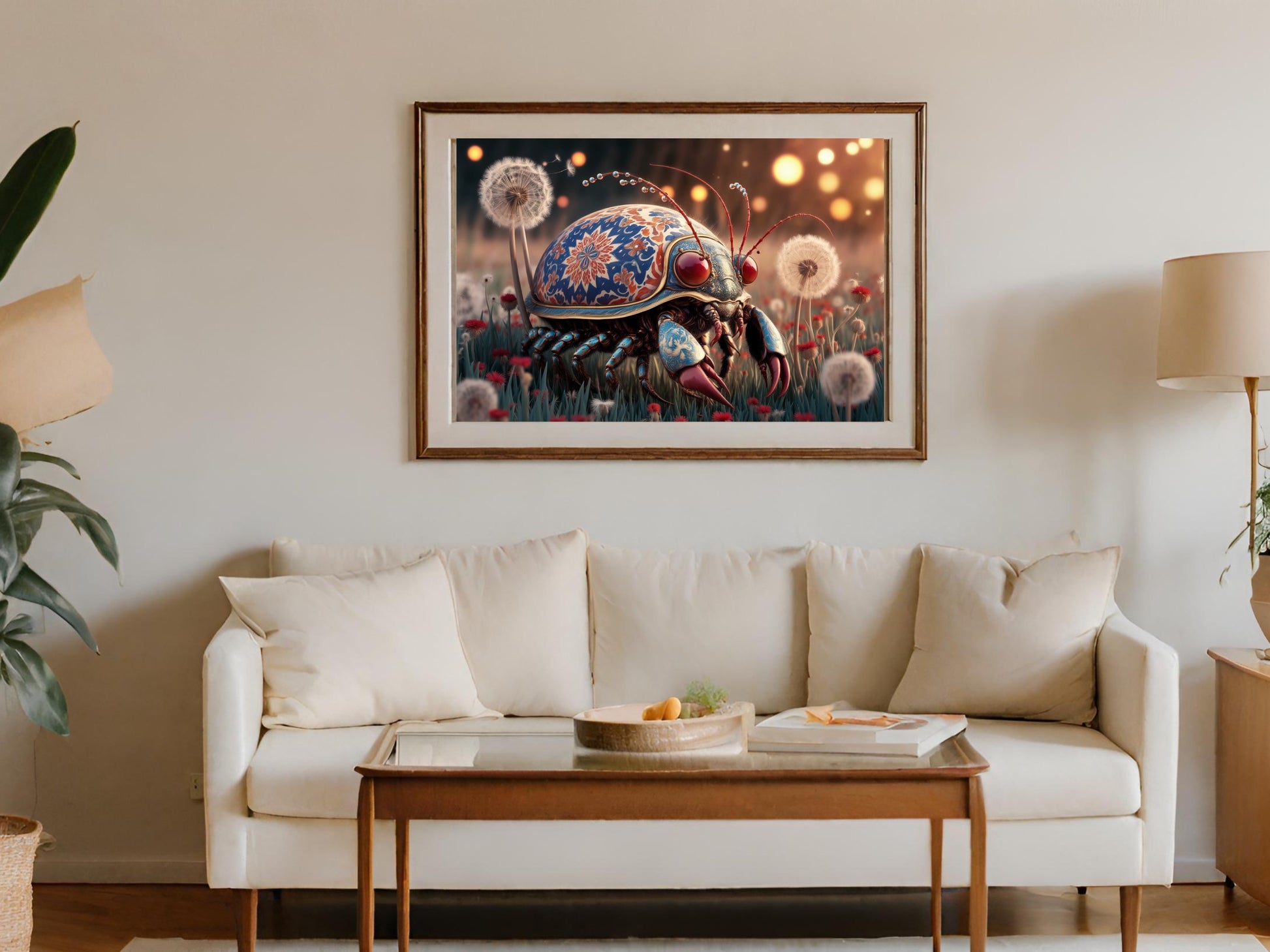 Framed digital artwork of a mechanical beetle with ornate patterns on a white couch wall.