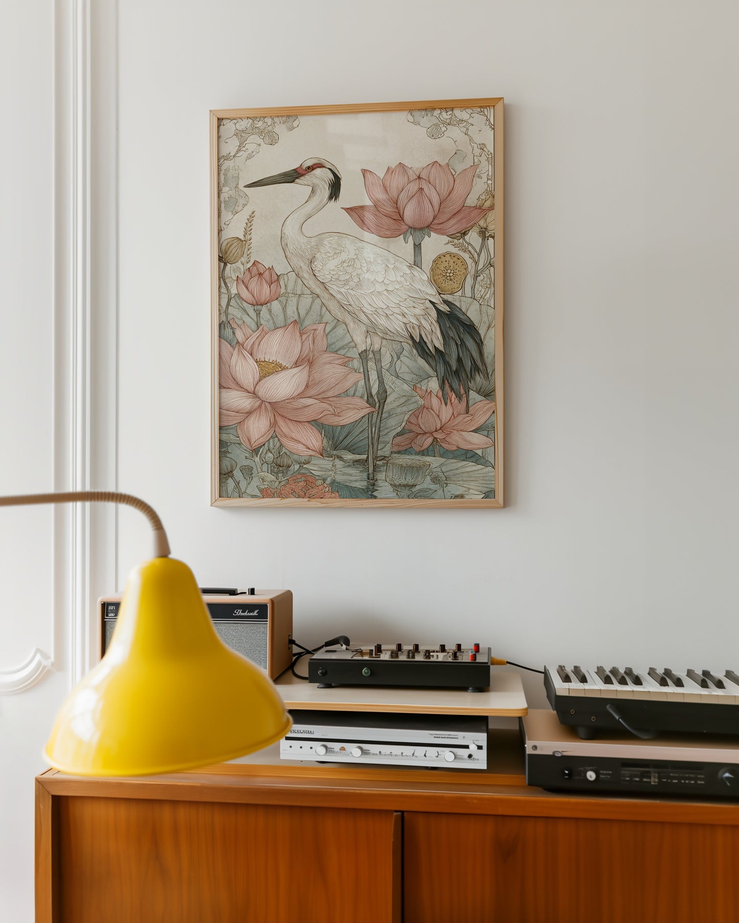 Elegant Wall Art with Crane and Lotus Flowers Decor