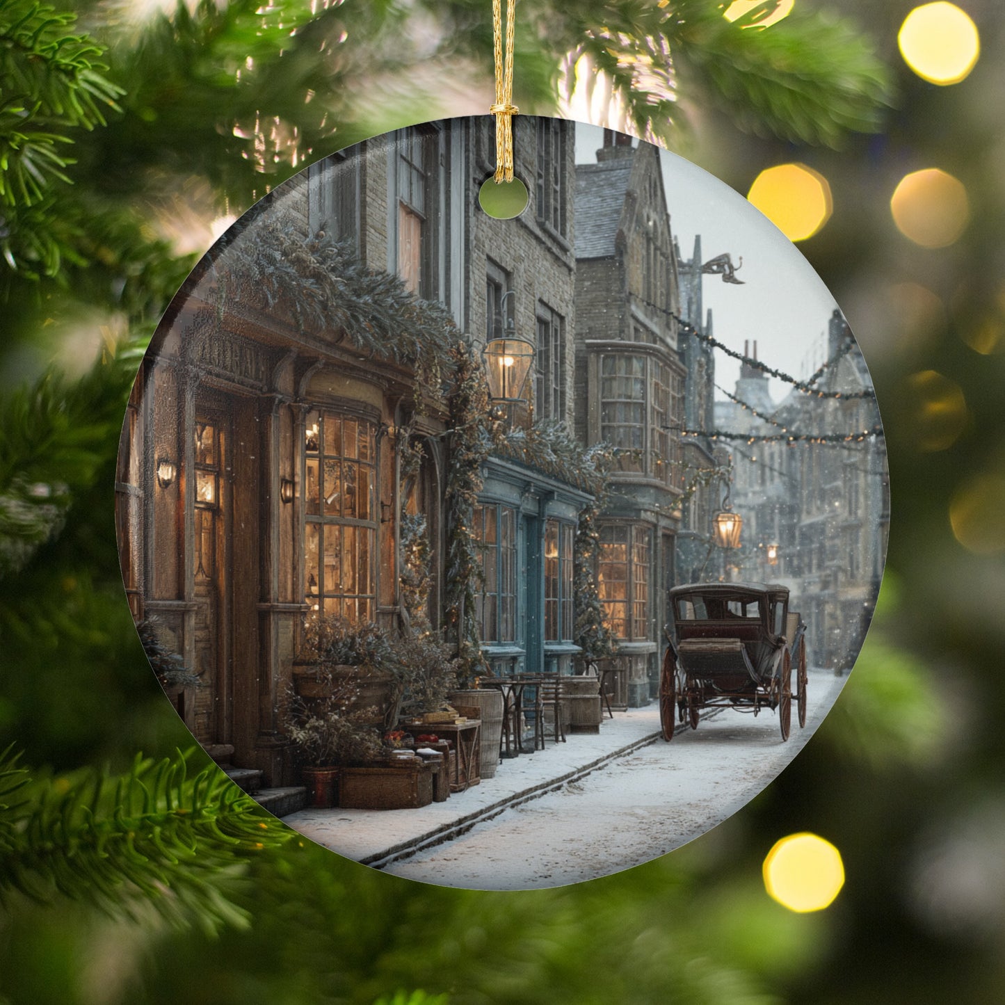 Snowy Village Street Scene with Horse Carriage Ornament