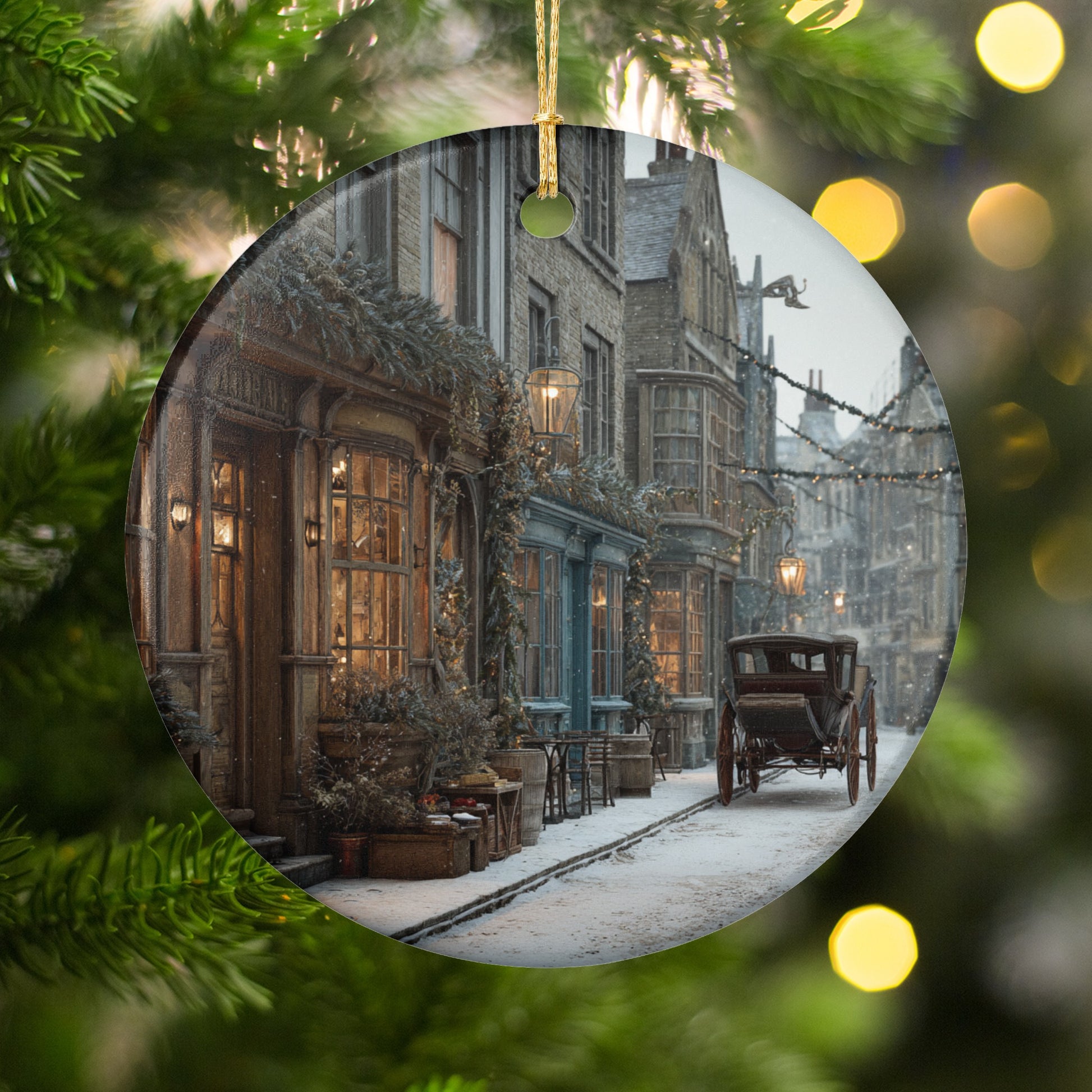 Snowy Village Street Scene with Horse Carriage Ornament