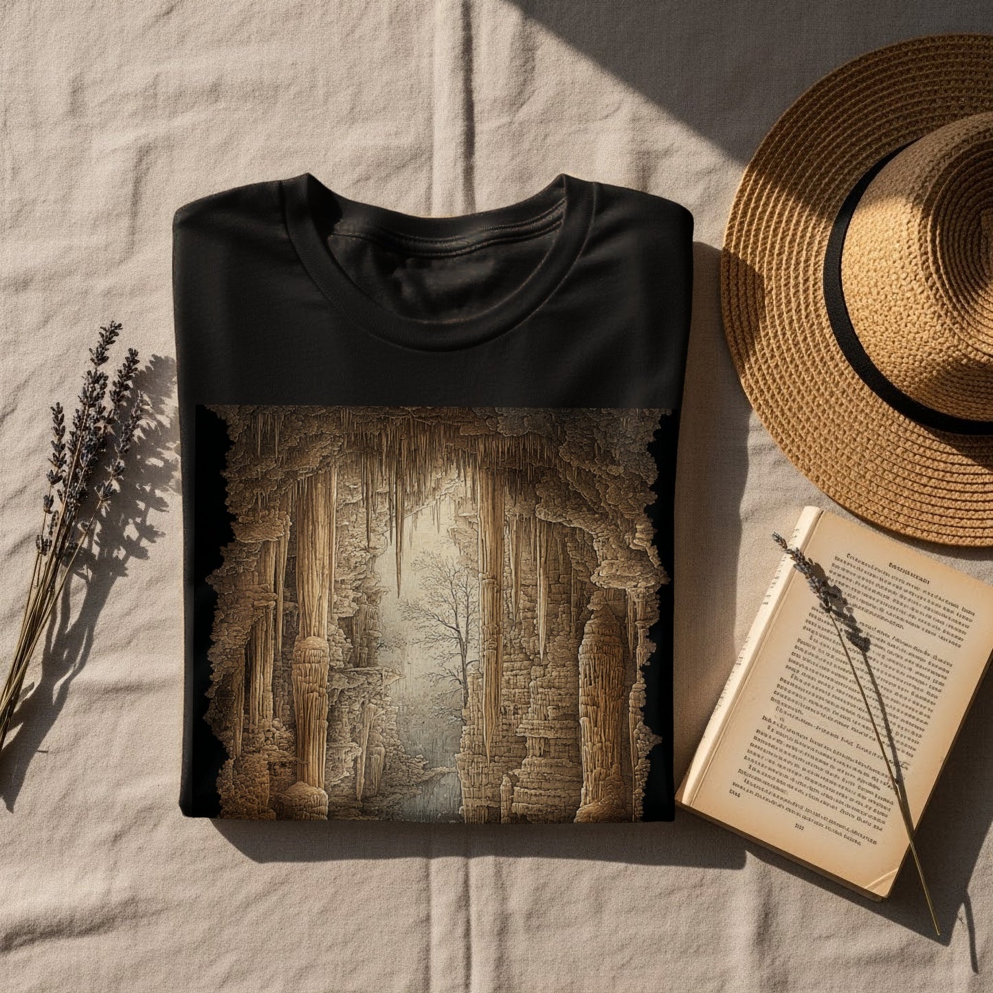 Vintage Cave Scene Graphic Tee for Nature Enthusiasts