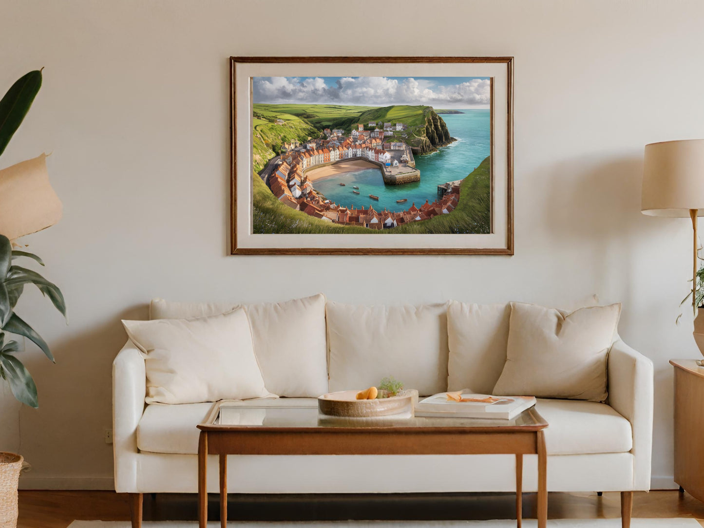 Framed artwork depicts a coastal village with a harbor, beach, and rolling green hills.