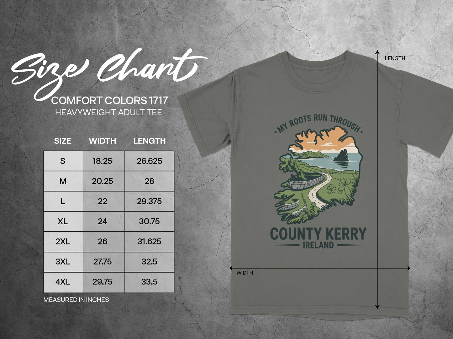 Comfort Colors 1717 size chart for heavyweight adult tees with County Kerry Ireland graphic.