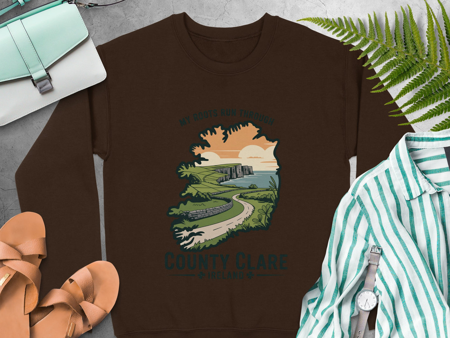 County Clare, Ireland landscape graphic and text on Dark Chocolate sweatshirt