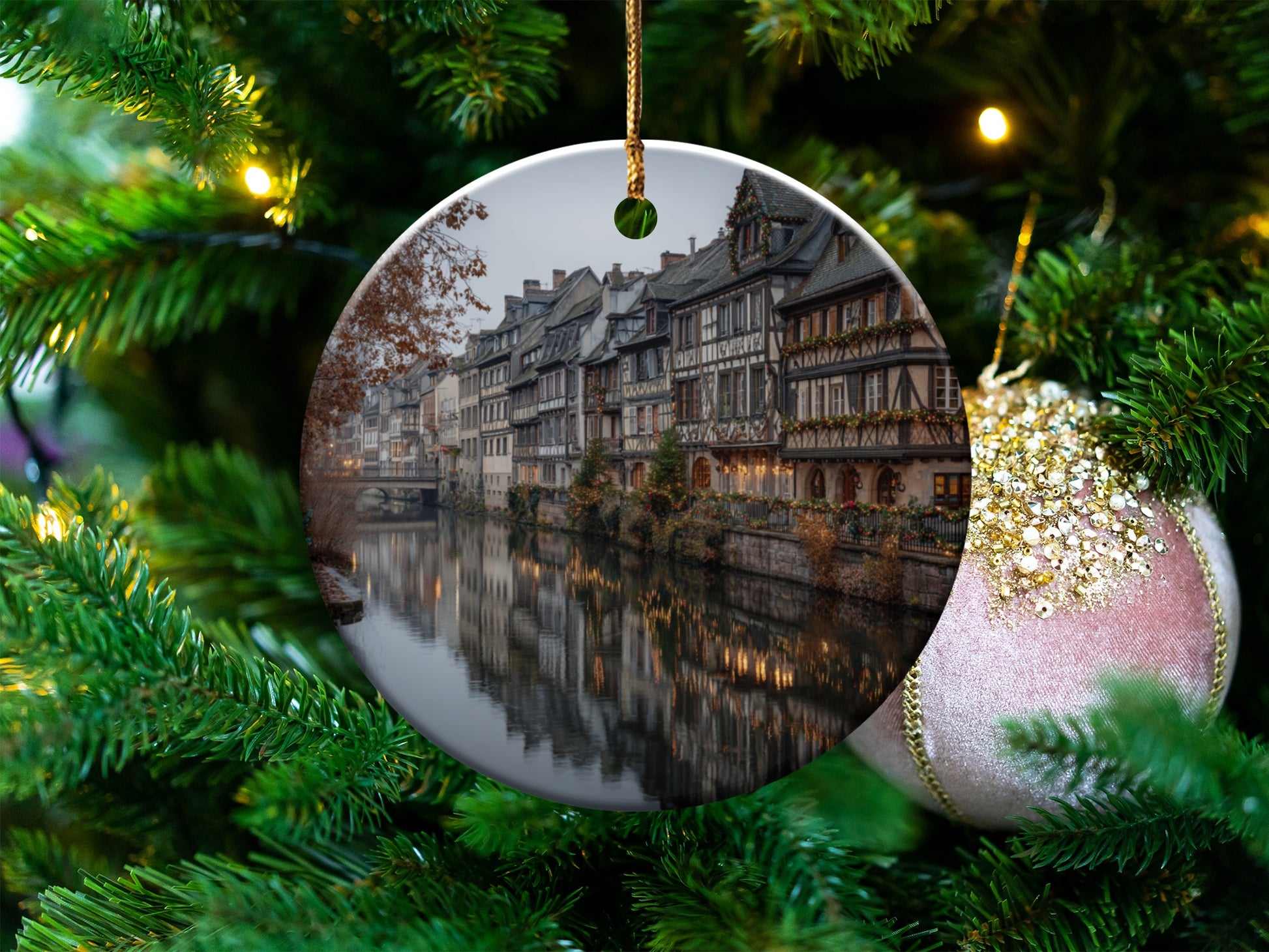 Christmas Tree Ornament Featuring Historic Town Scene
