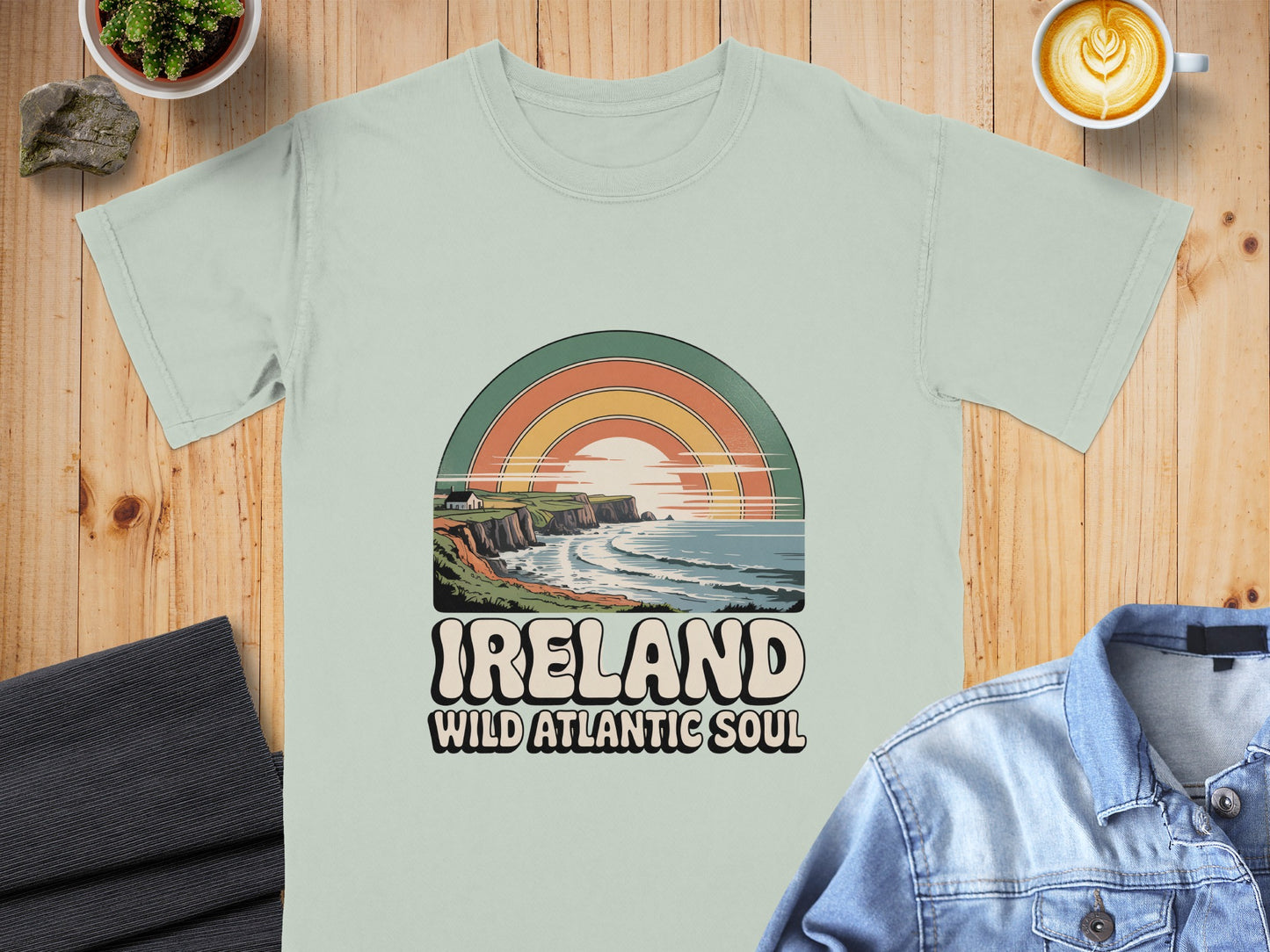 T-shirt with "Ireland Wild Atlantic Soul" and a coastal sunset graphic.