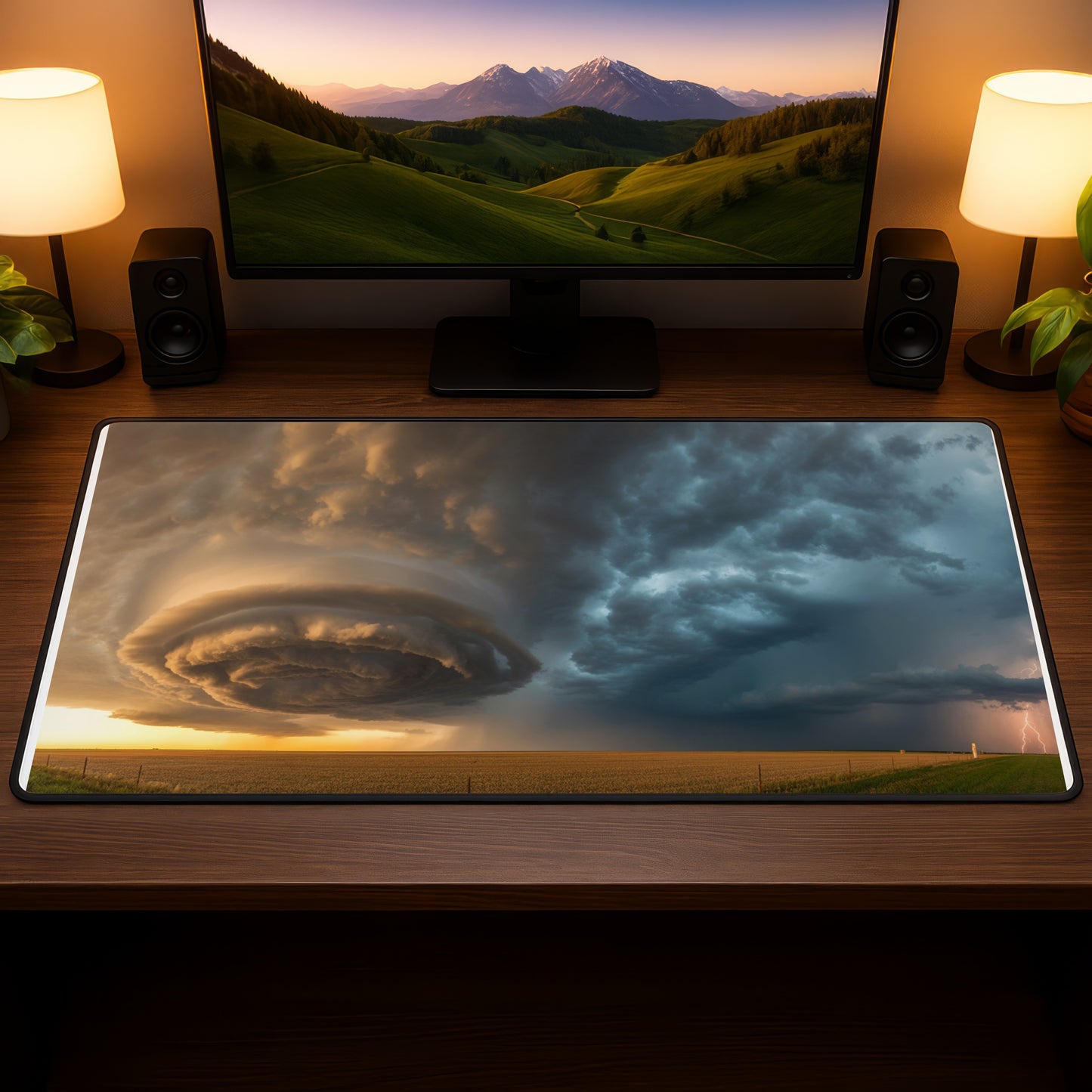 Wide textured mousepad featuring a dramatic sky with a supercell storm and lightning over a field.
