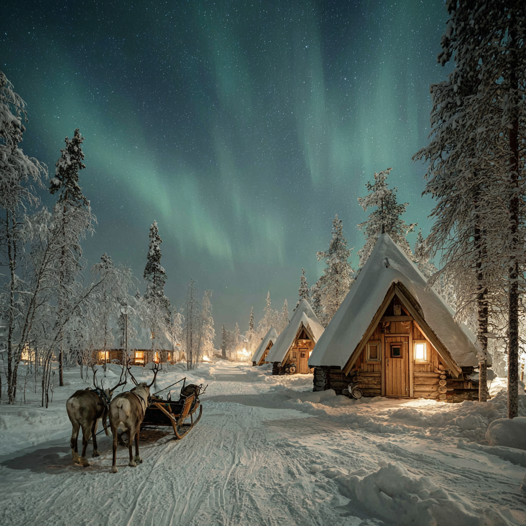 Enchanting Winter Night Sky Scene with Cozy Cabins Art