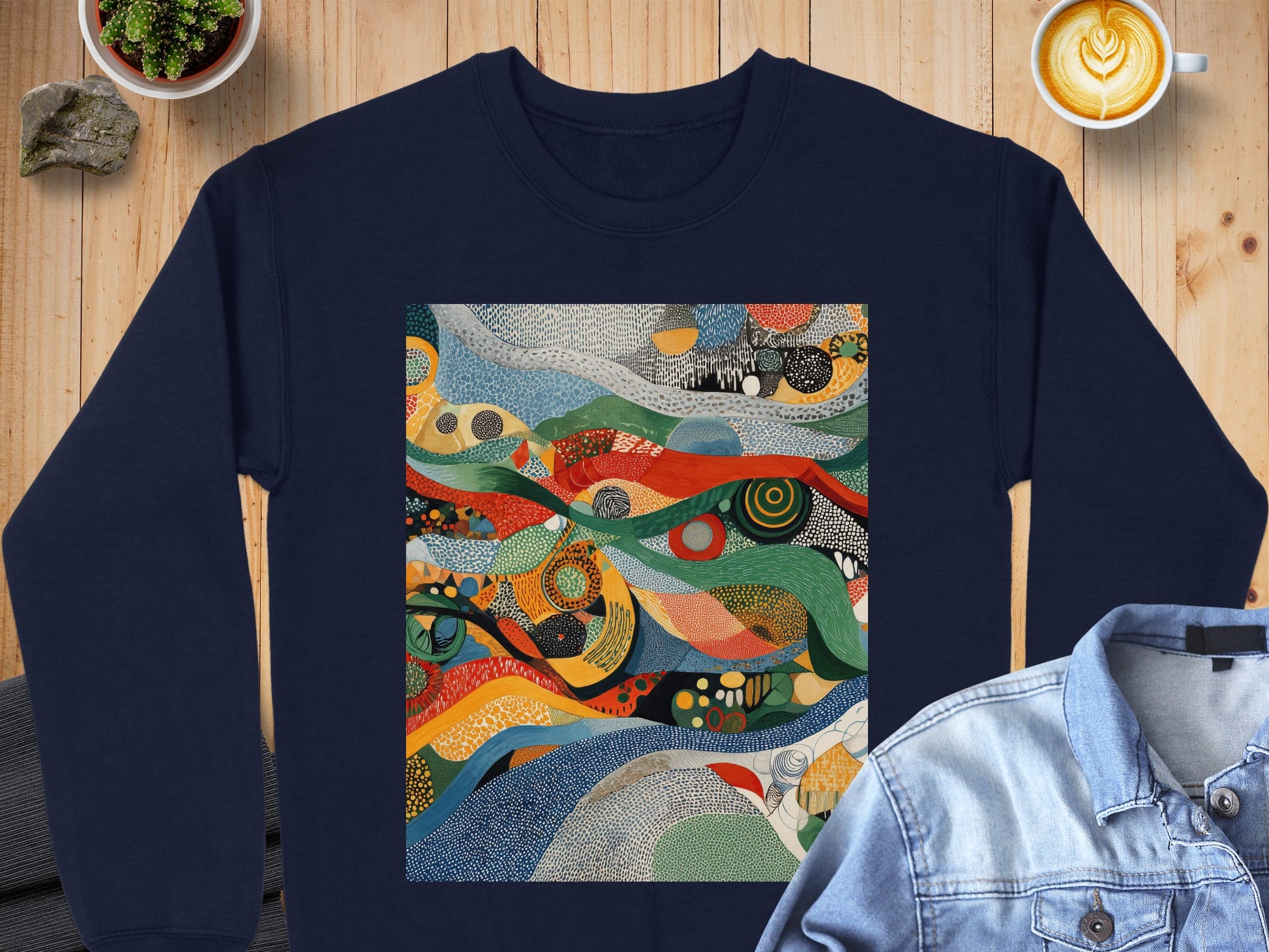Navy Blue Abstract Vibrant Organic Art Sweatshirt product type
Sweatshirt, Crewneck, Abstract Art, Vibrant Pattern, Colorful Design, Organic Shapes, Modern Apparel, Unique Style, Navy Blue Top, Artistic Print, Graphic Sweatshirt, Contemporary Look, Flowing Waves, Dot Pattern, Jumper, Fashion Clothing, Eye-catching, Psychedelic, Abstract Landscape, Bold Colors
