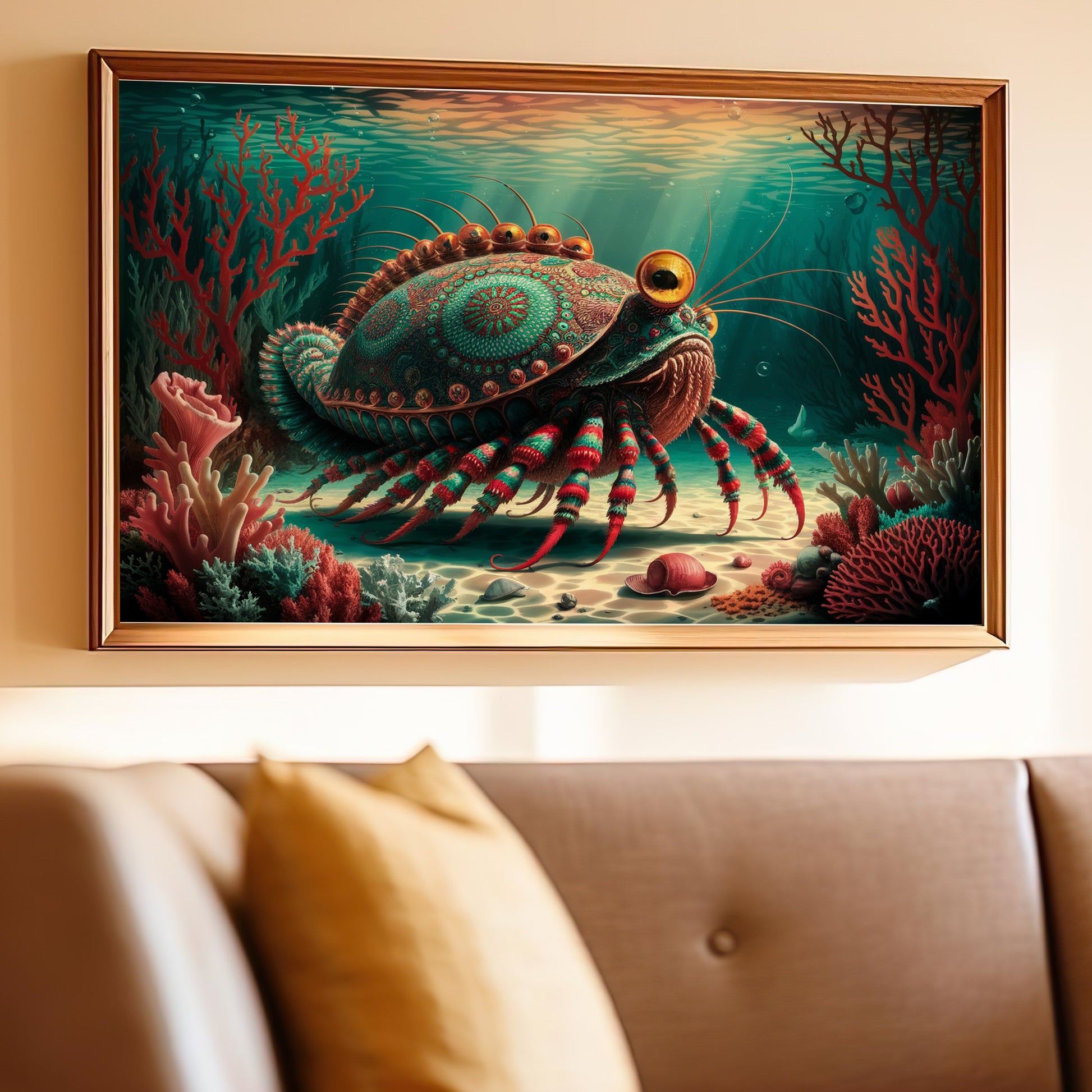Ornate crab artwork with coral reef in a wooden frame.