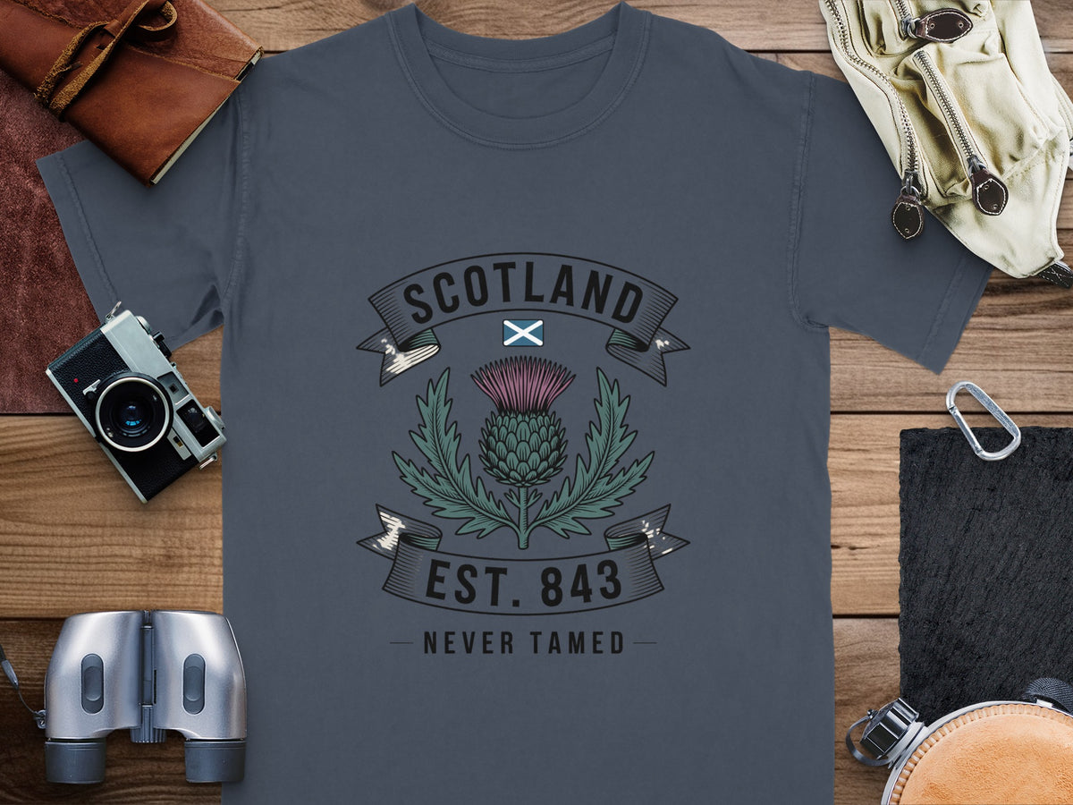 T-shirt with Scotland crest: Scottish thistle, flag, EST. 843, NEVER TAMED.