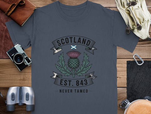 T-shirt with Scotland crest: Scottish thistle, flag, EST. 843, NEVER TAMED.