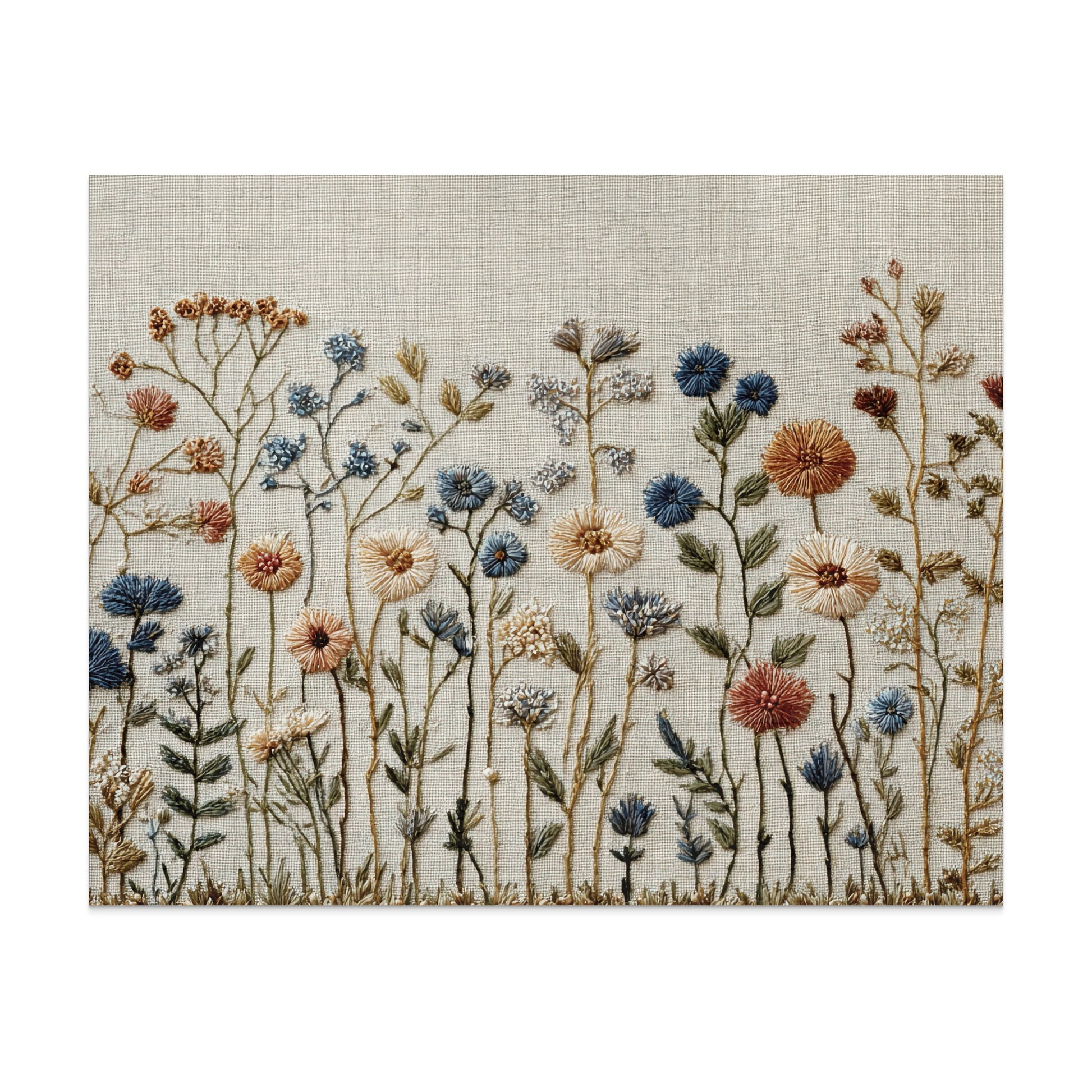 Embroidery of wildflowers in various colors on textured linen fabric.