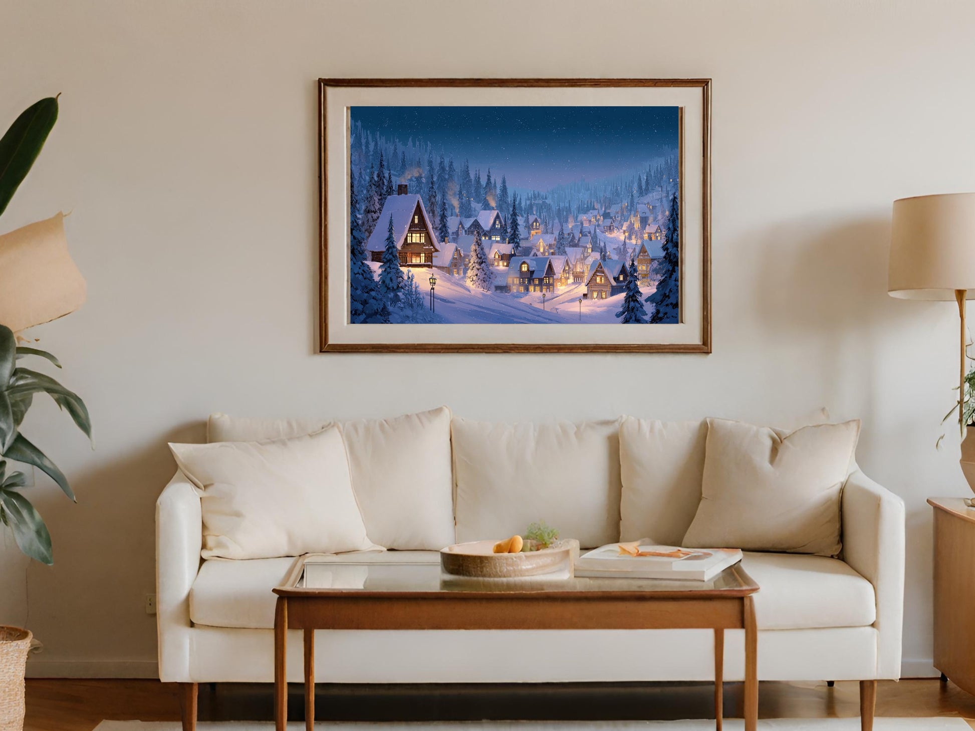 Snowy Winter Village Night Scene Framed Wall Art product type