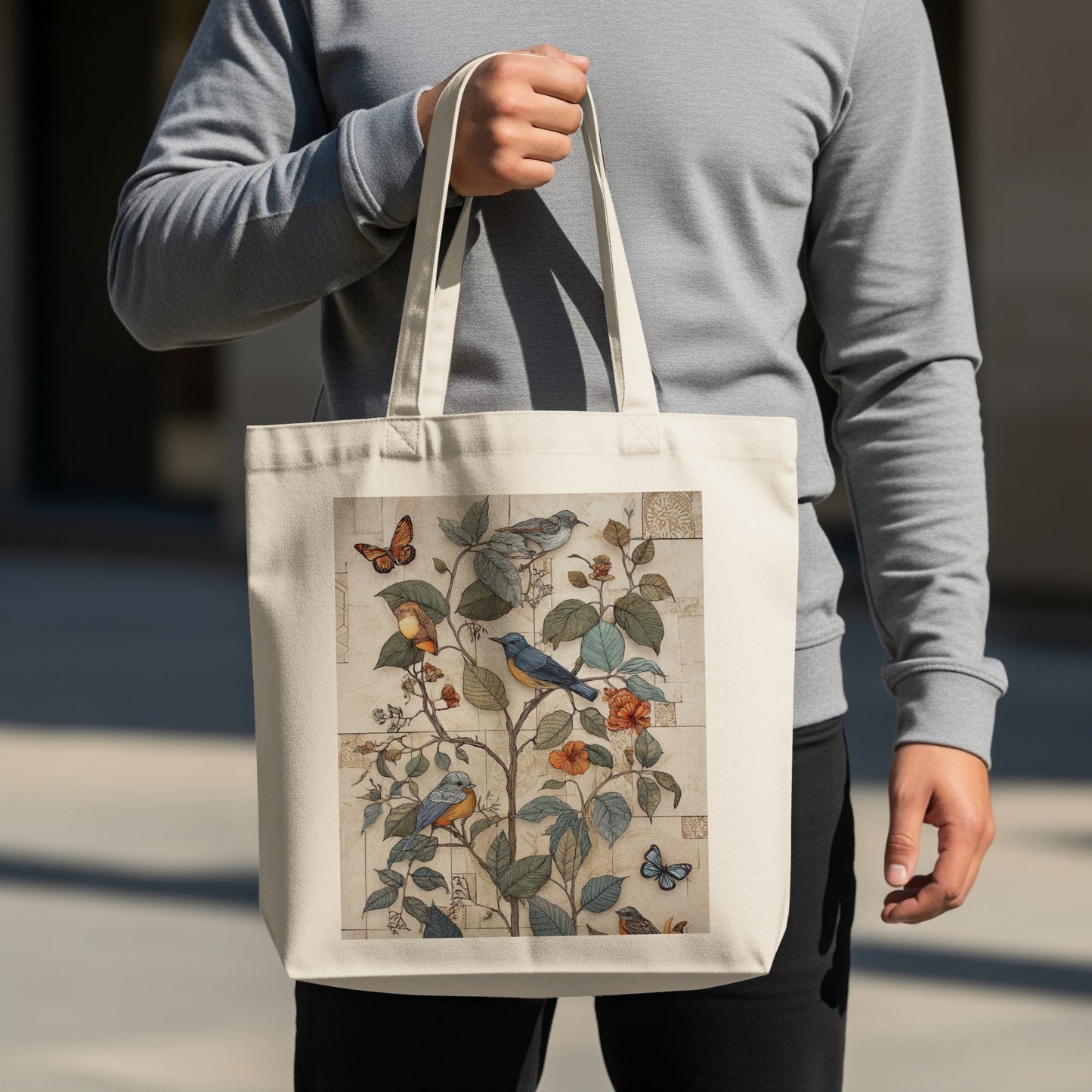 Nature Inspired Bird and Butterfly Print Tote Bag Product