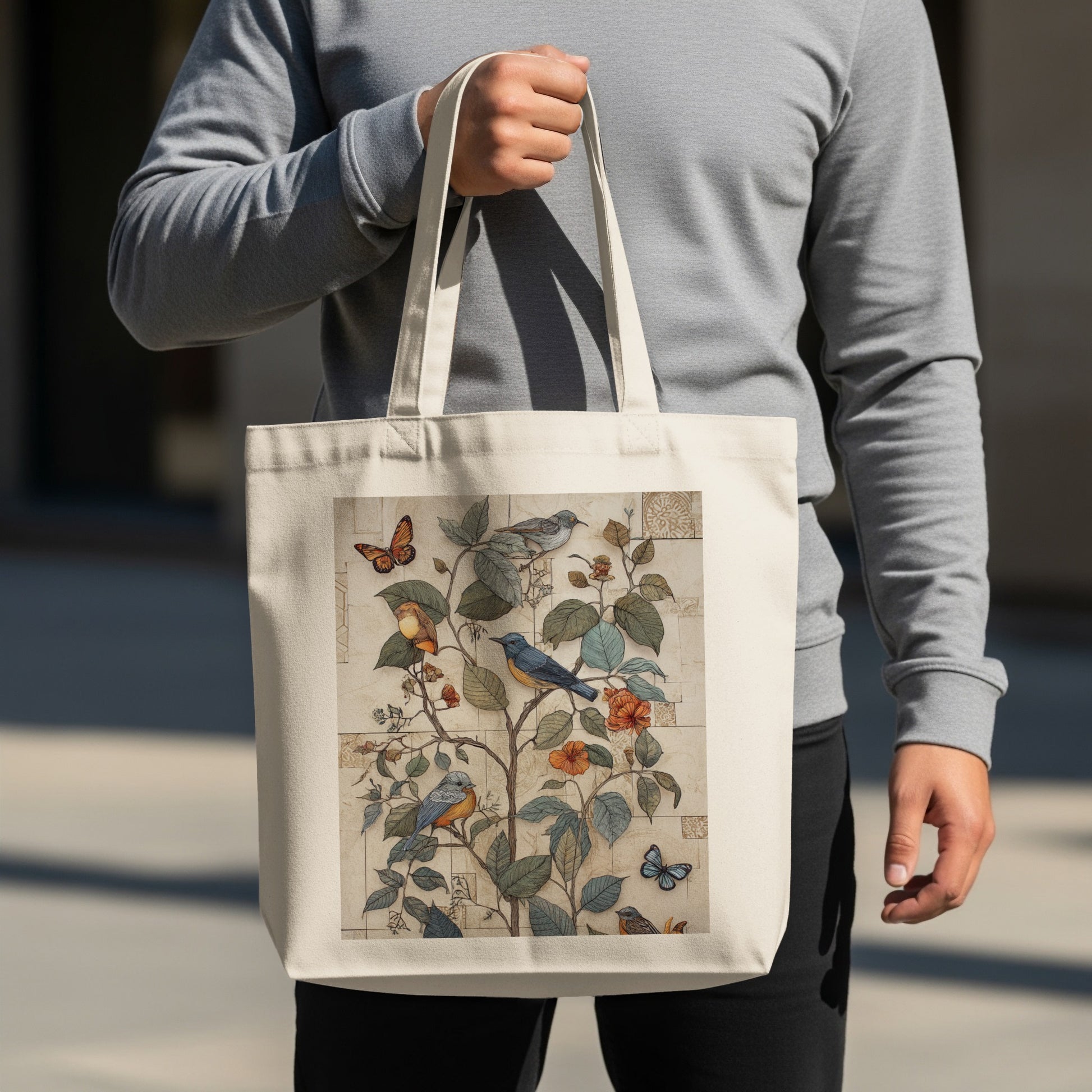 Nature Inspired Bird and Butterfly Print Tote Bag Product