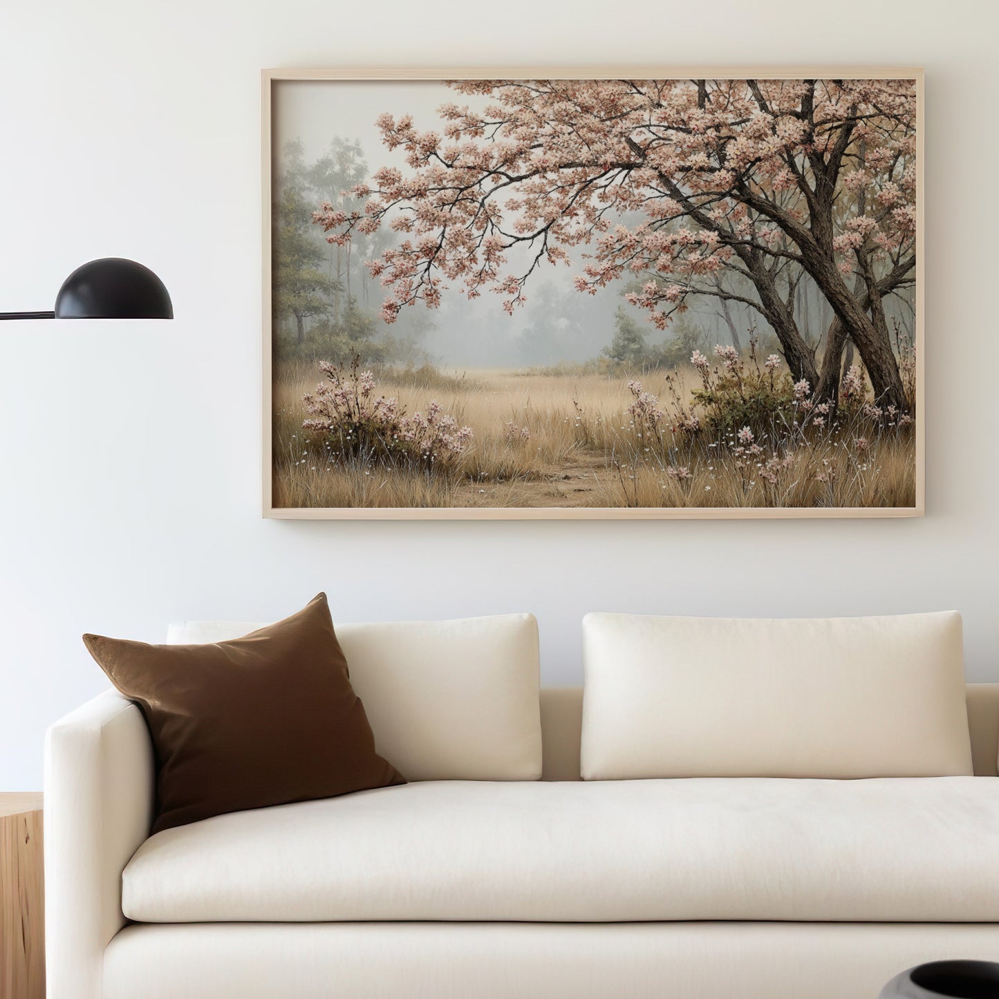 Elegant wall art with cherry blossom in serene landscape