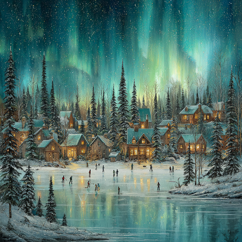 Serene Nighttime Ice Skating in Winter Village Painting