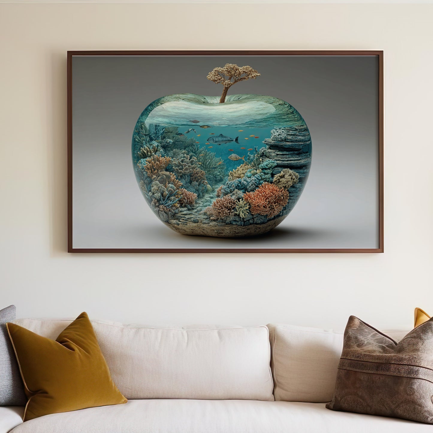 Apple-shaped aquarium with coral, fish, and a tree on top.