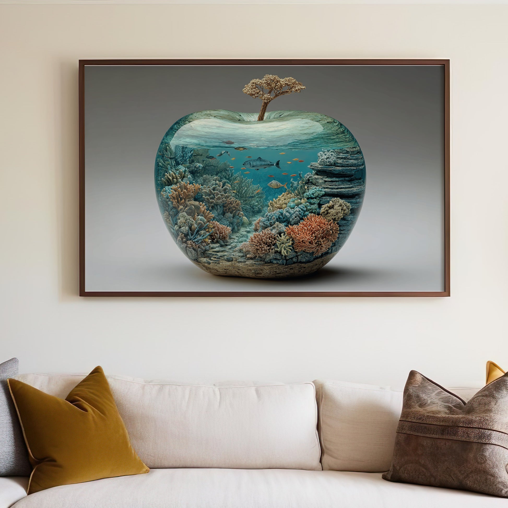 Apple-shaped aquarium with coral, fish, and a tree on top.