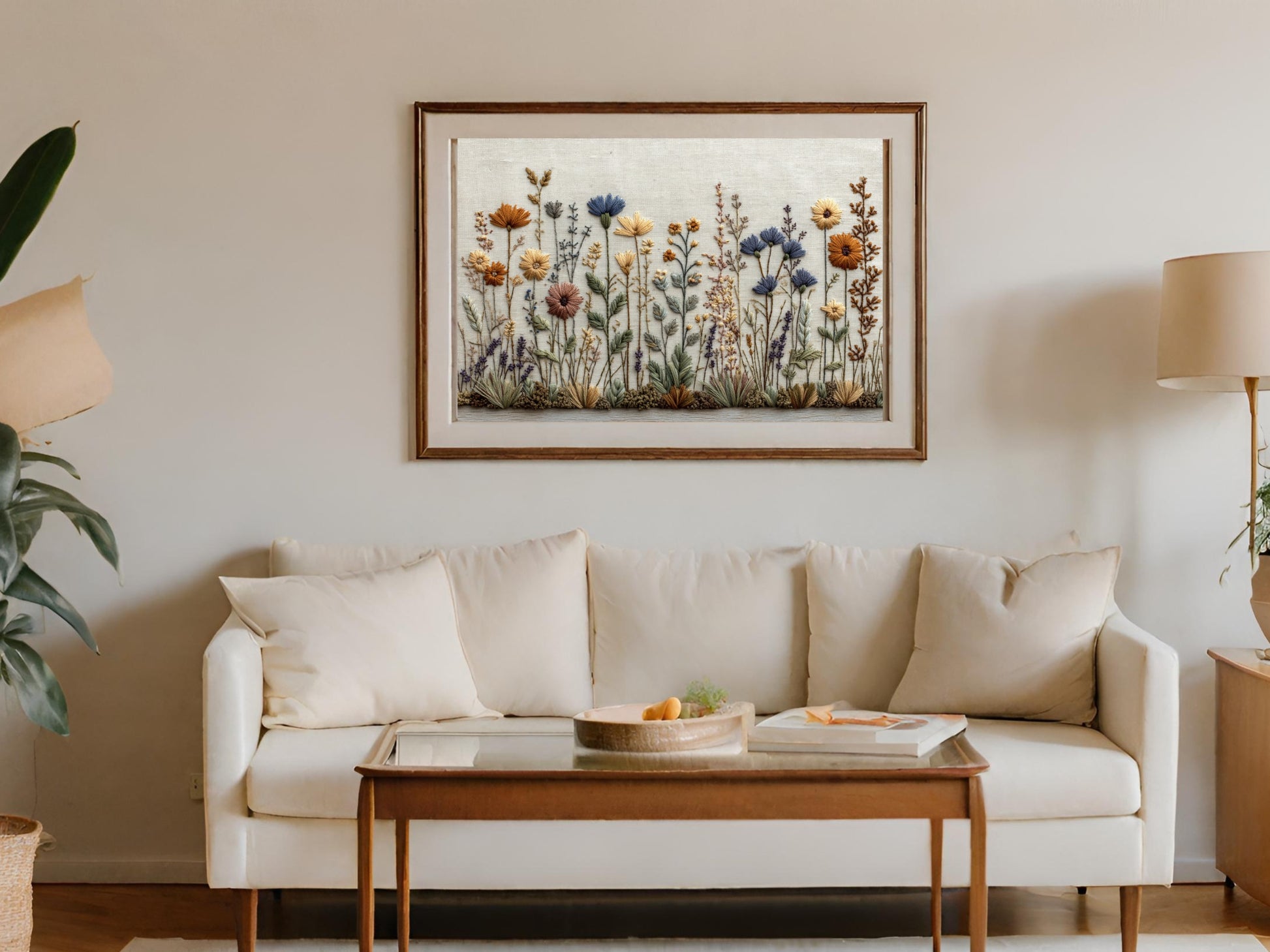 Floral Botanical Embroidery in Wooden Frame Wall Art