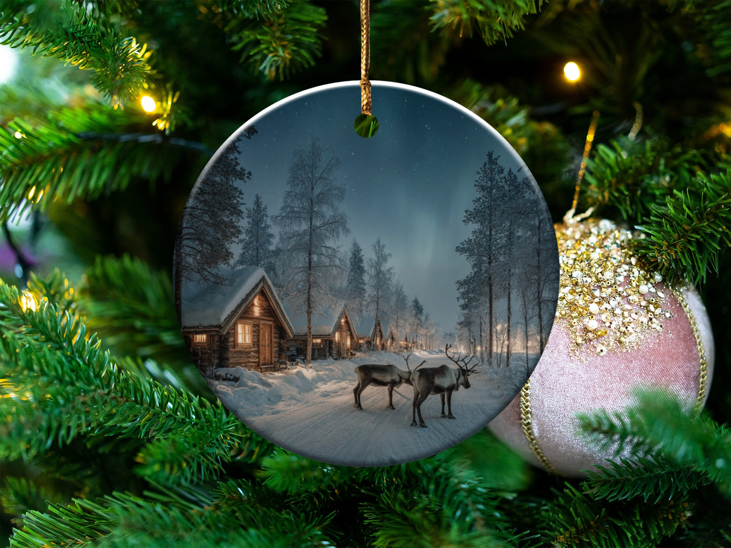 Reindeer in Snowy Cabin Scene on Christmas Ornament