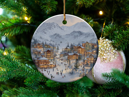 Winter Village Scene with Snowy Mountains Ornament