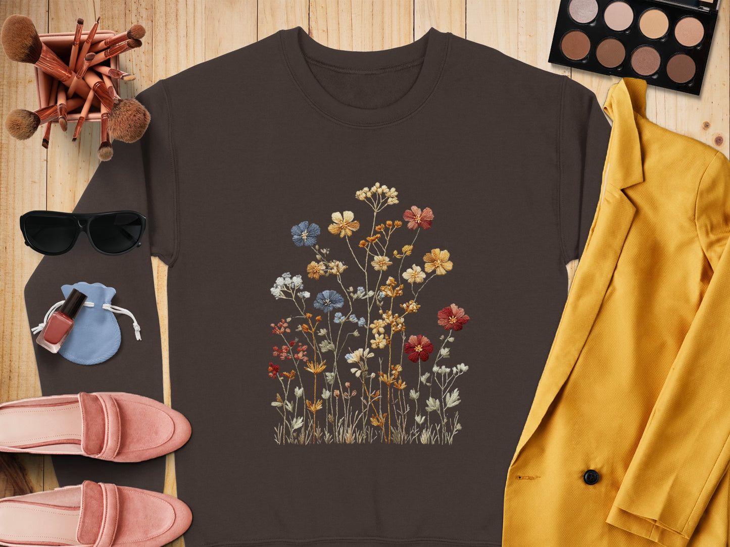 Botanical Floral Design Dark Brown Oversized T-Shirt