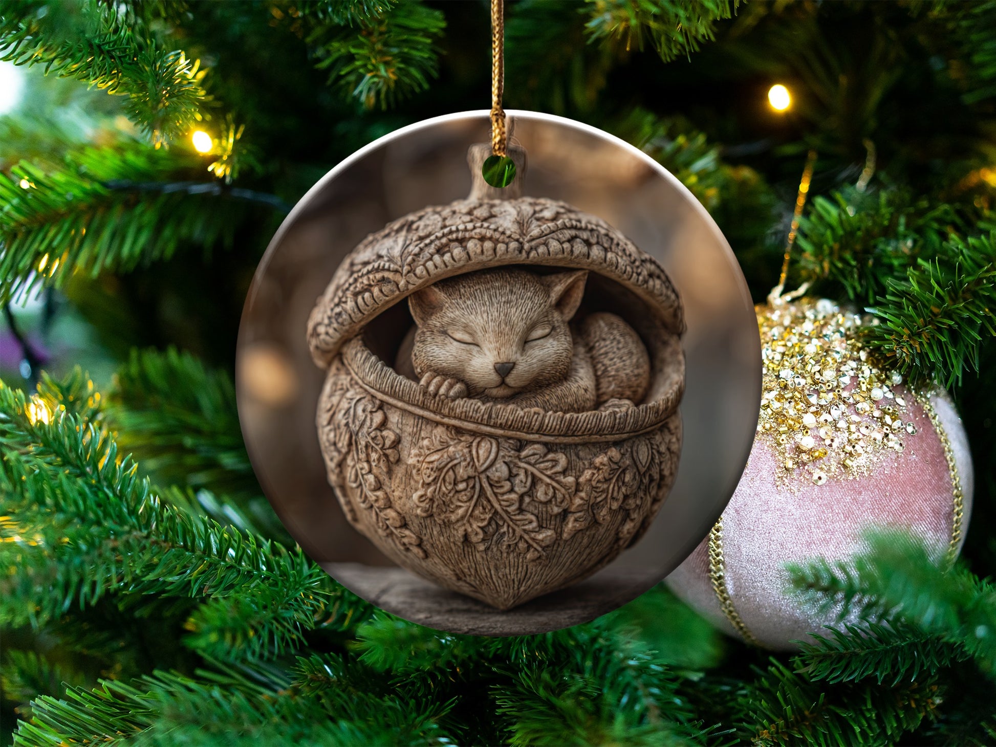 Cat Sleeping in Acorn Ornament for Christmas Tree