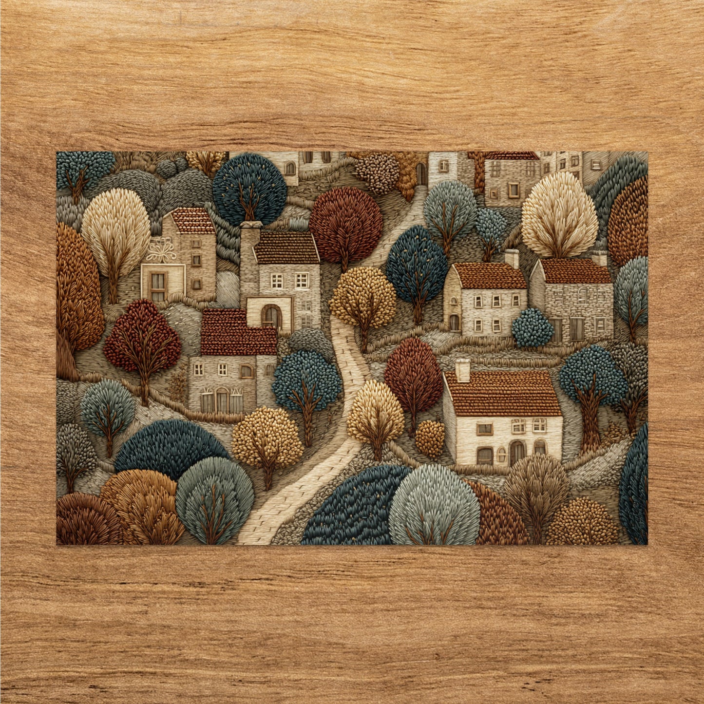 Scenic Countryside Village Art with Colorful Trees Pattern