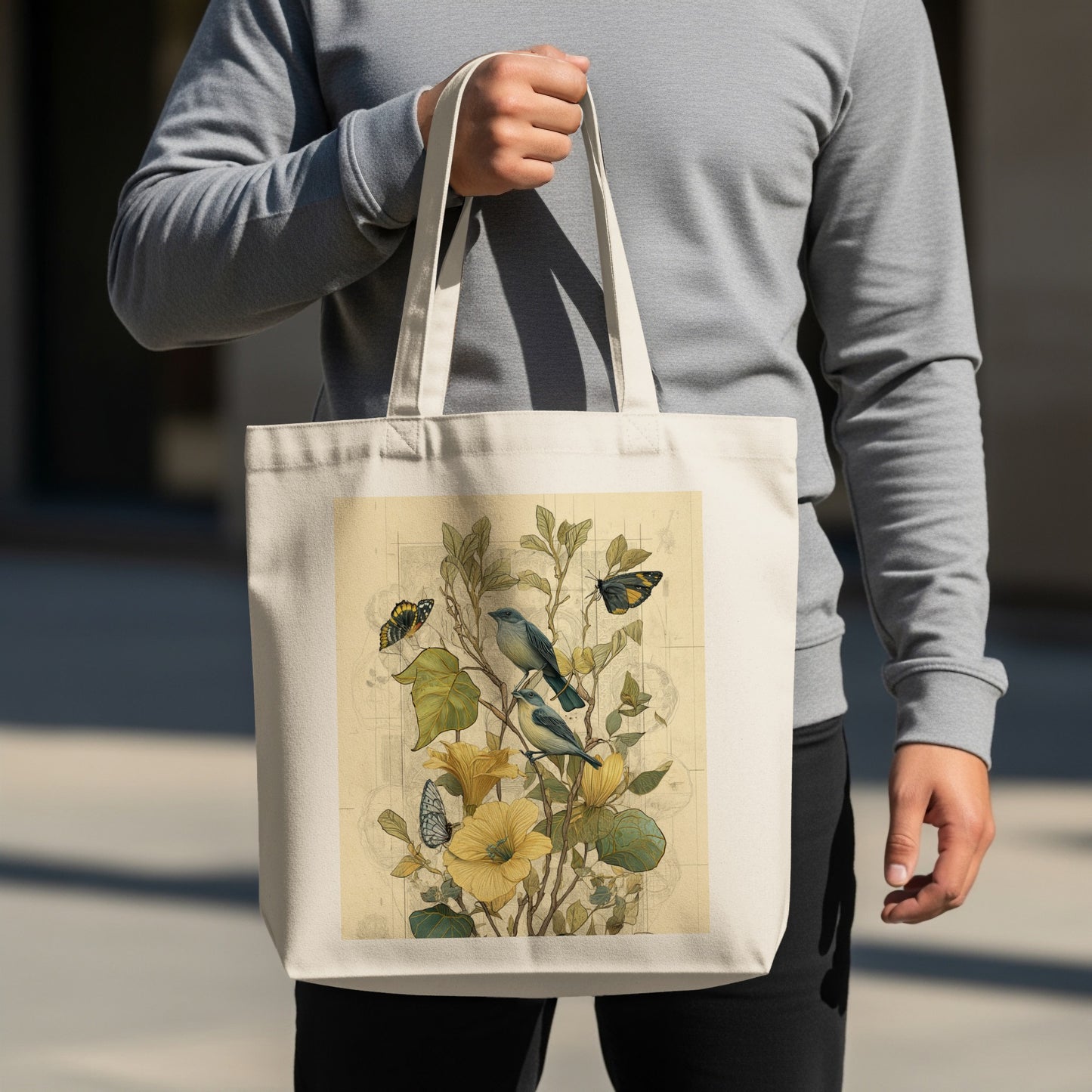 Beautiful Floral Design Tote Bag with Birds and Butterflies