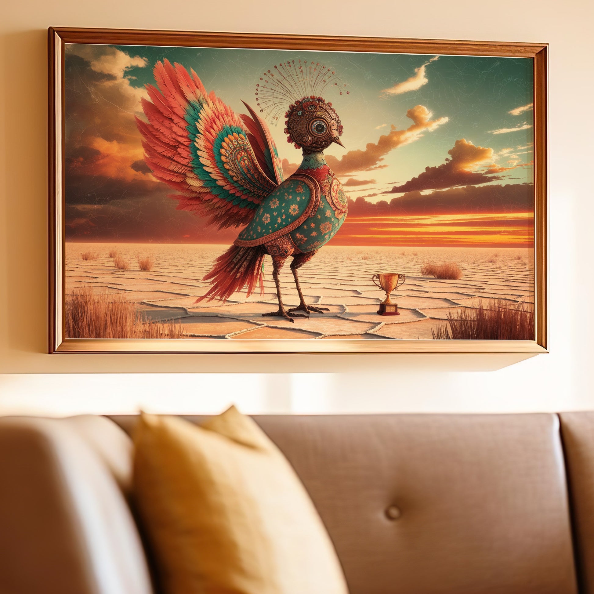 Ornate clockwork bird with vibrant feathers standing in a desert landscape.