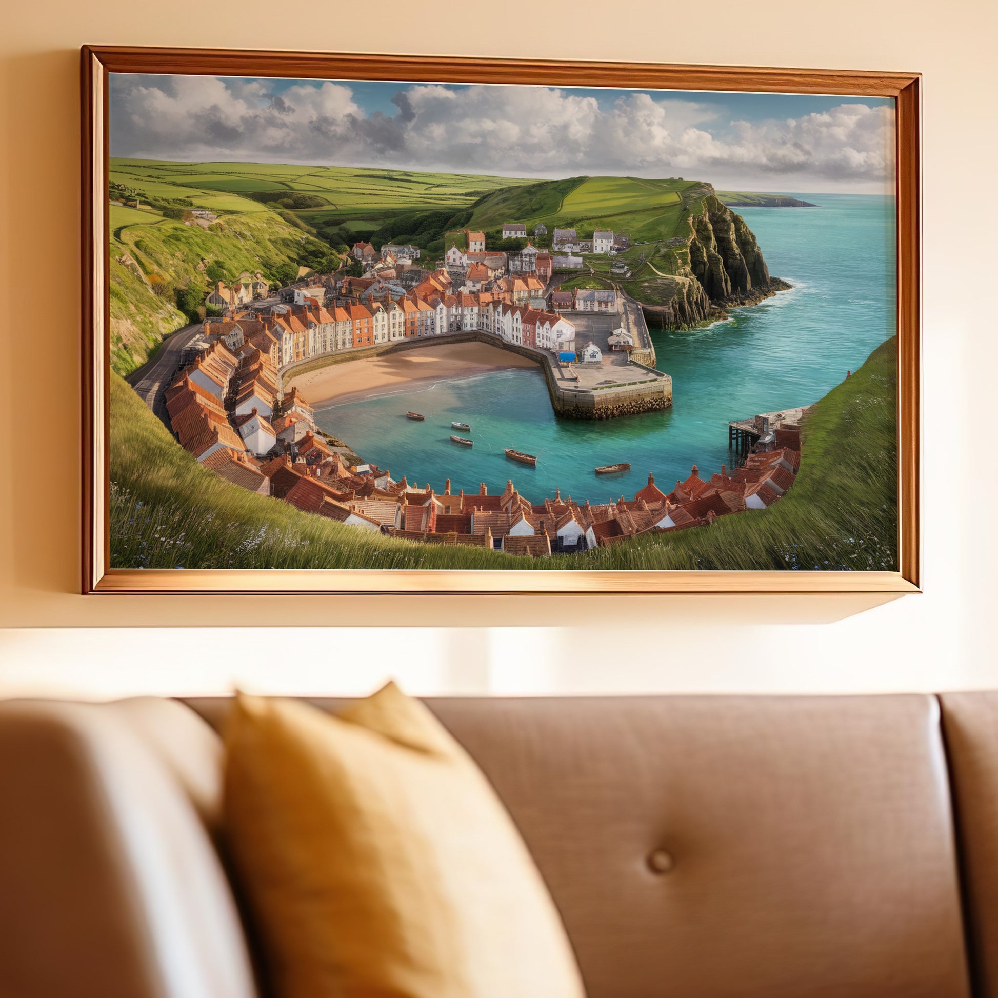 Framed painting of a coastal village with red-roofed houses and a harbor.