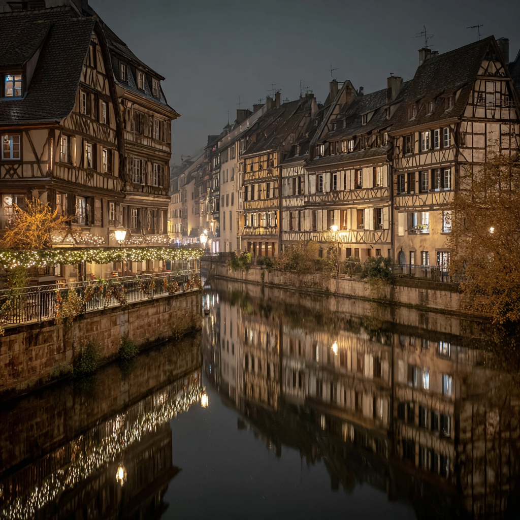 Enchanting Nighttime Reflections on Canal Photography Product