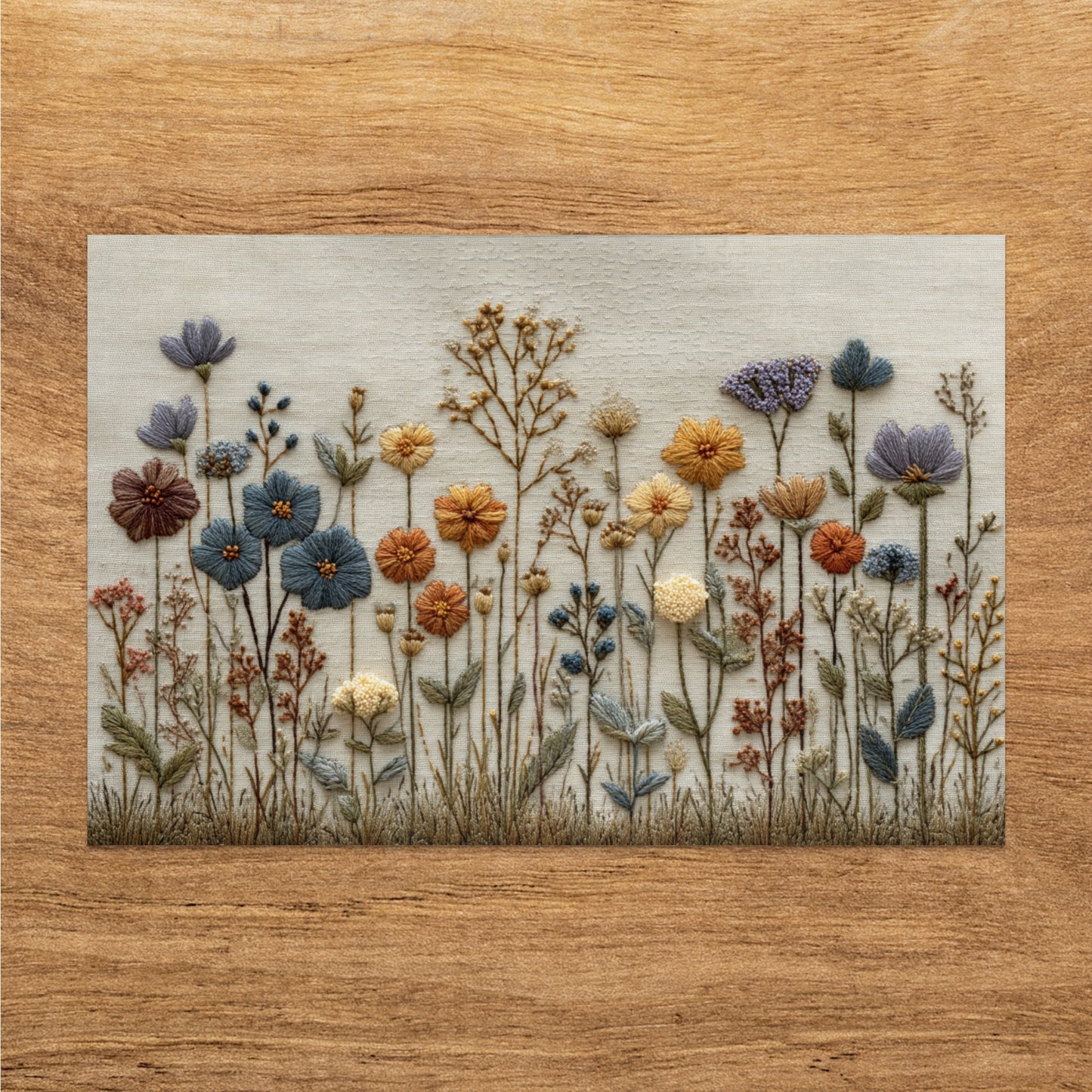 Hand Embroidered Floral Field on Wooden Frame Decor
