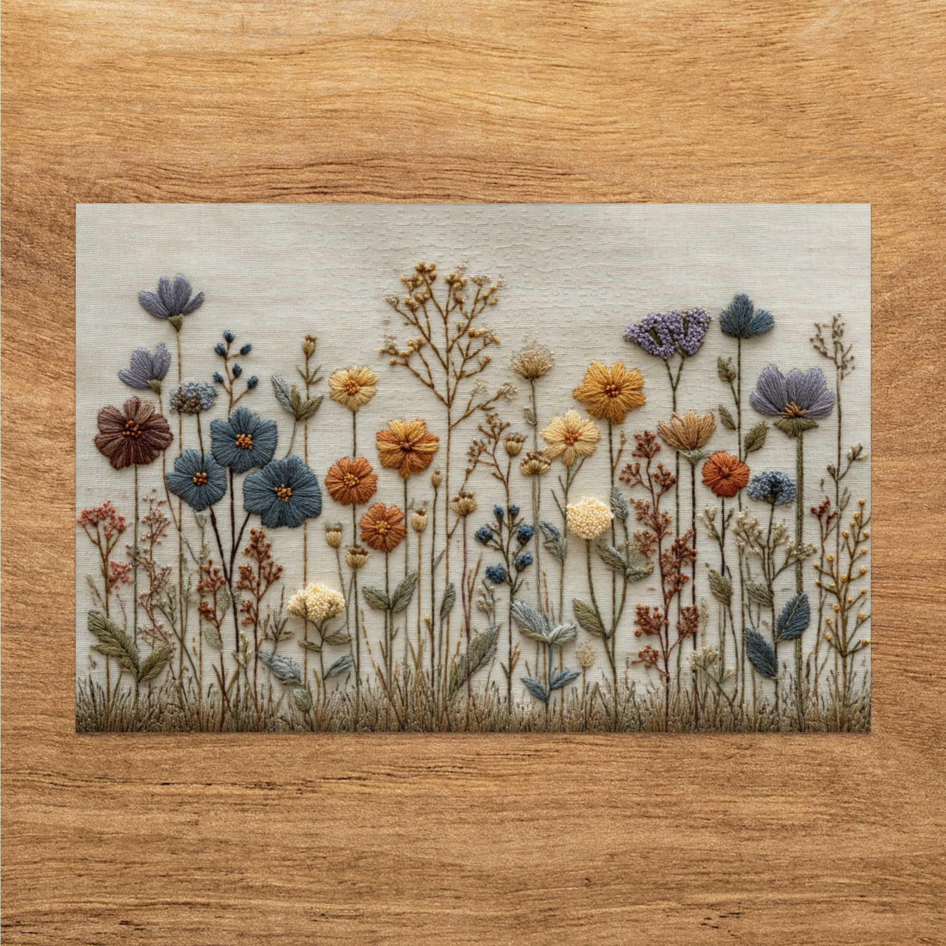 Hand Embroidered Floral Field on Wooden Frame Decor