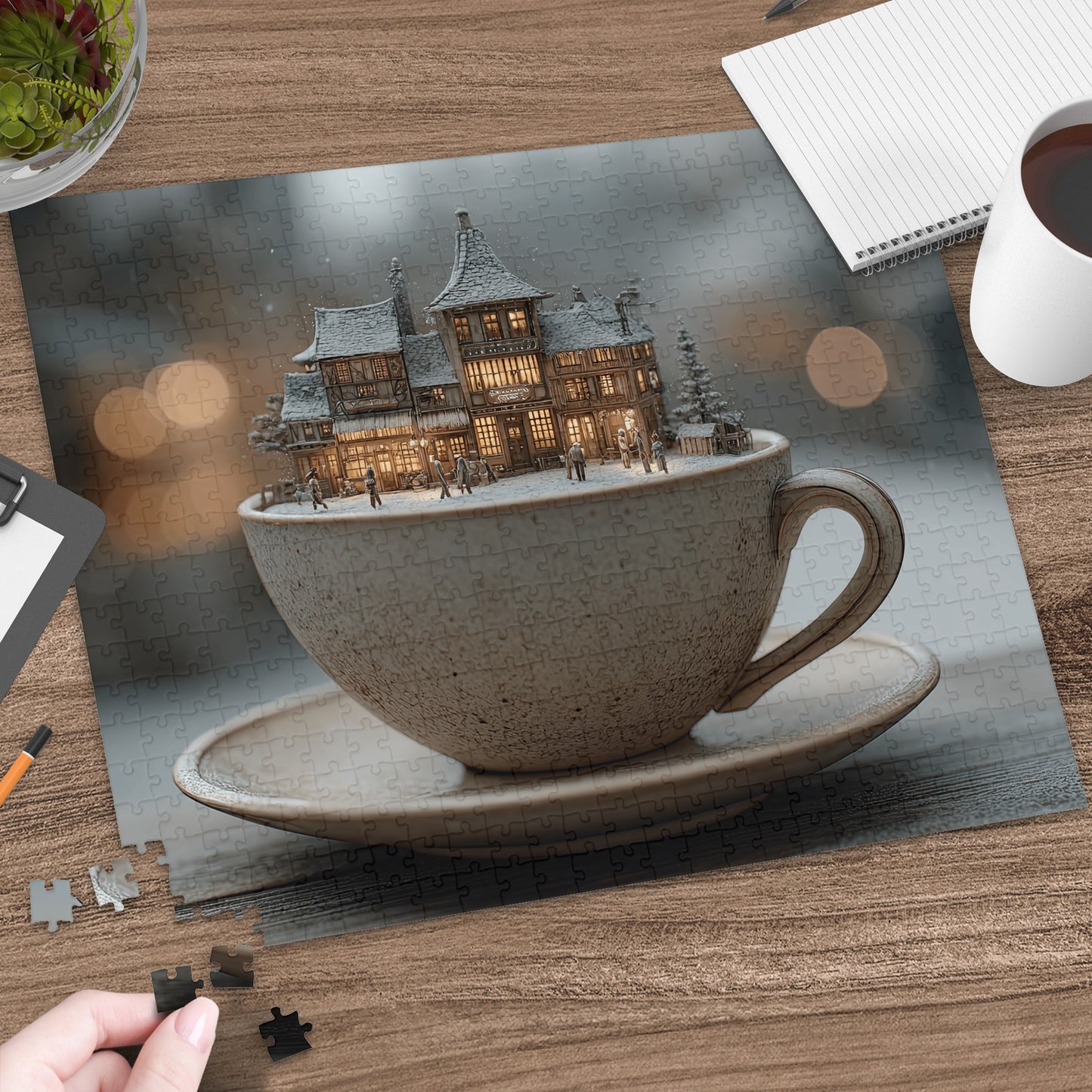 Miniature village inside a teacup on a puzzle board.