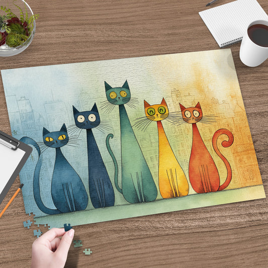 Five cartoon cats in a line against a cityscape background.