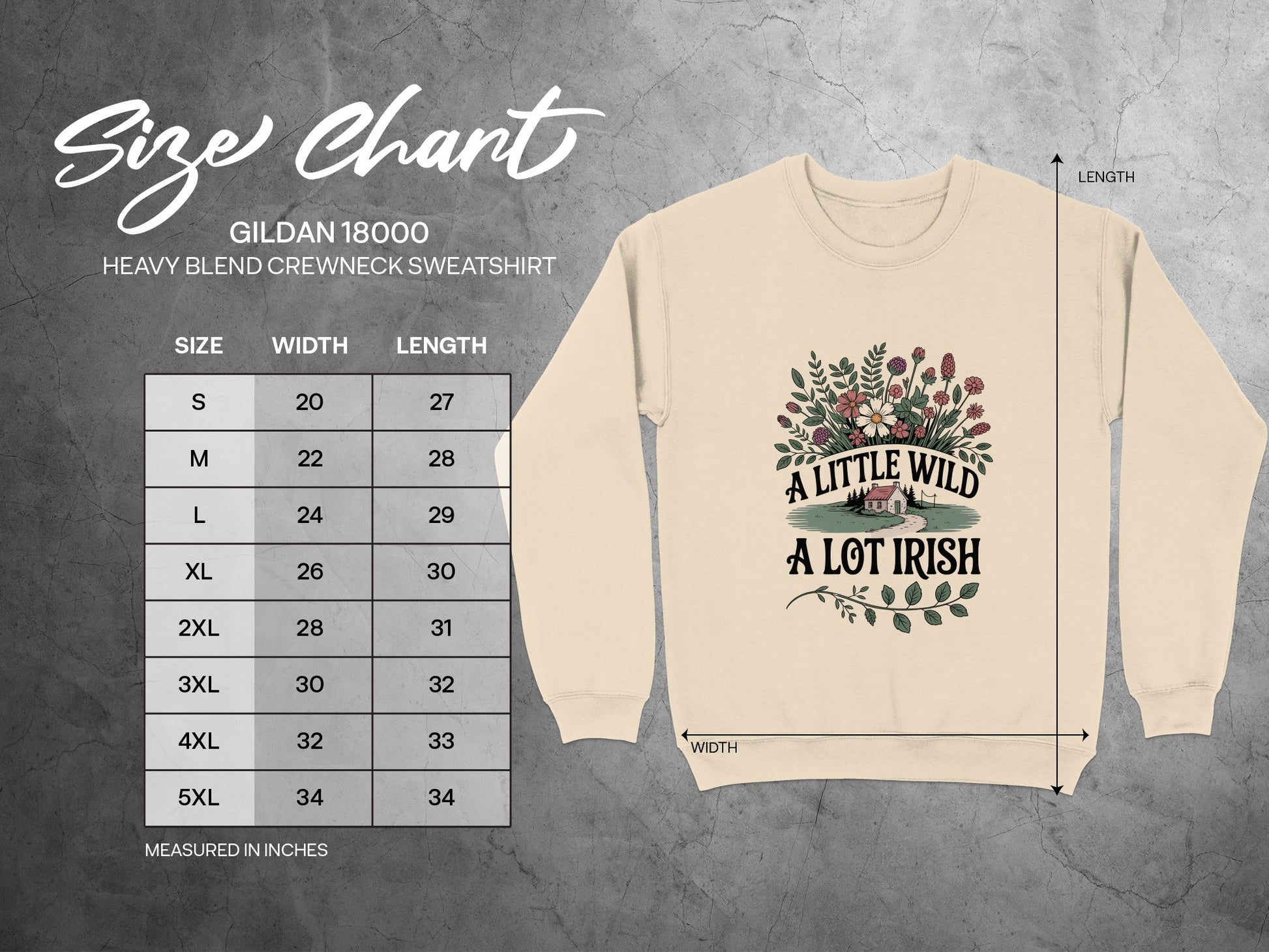 Gildan 18000 sweatshirt size chart with width and length measurements in inches.