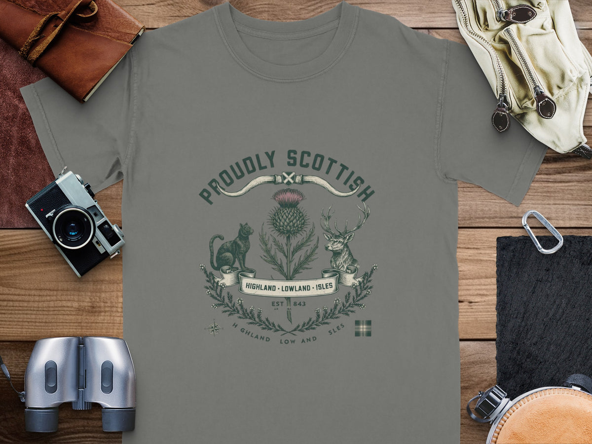 Gray t-shirt with "Proudly Scottish" crest featuring a thistle, cat, and stag.