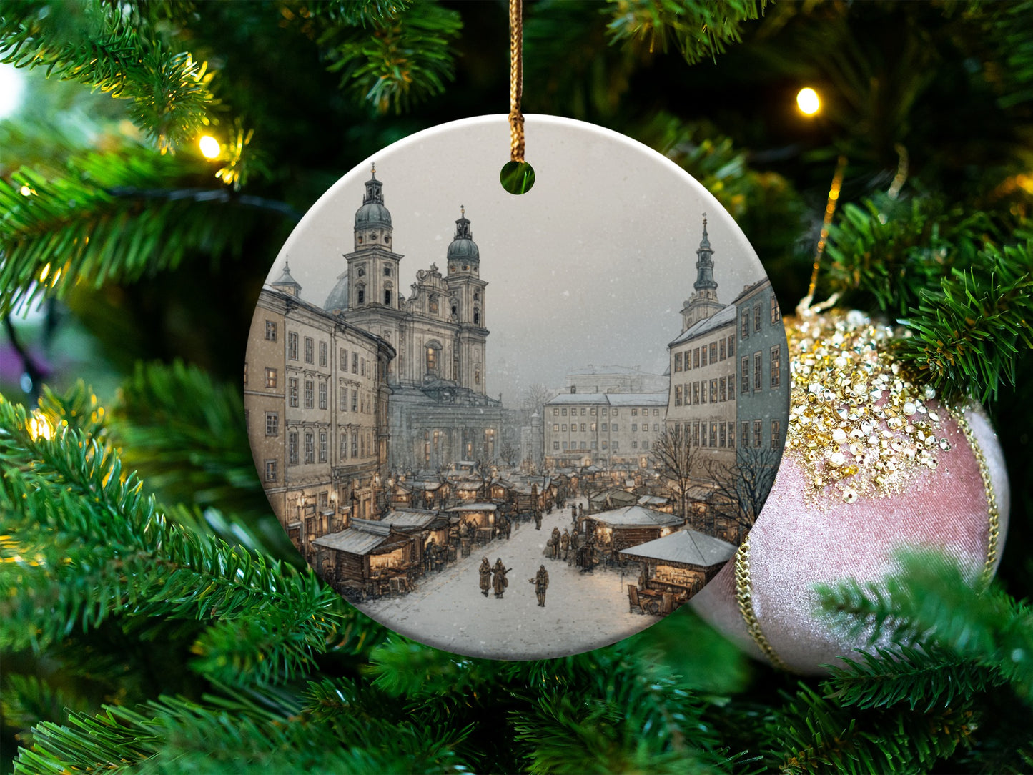 Festive Christmas Tree Ornament with Cityscape Design