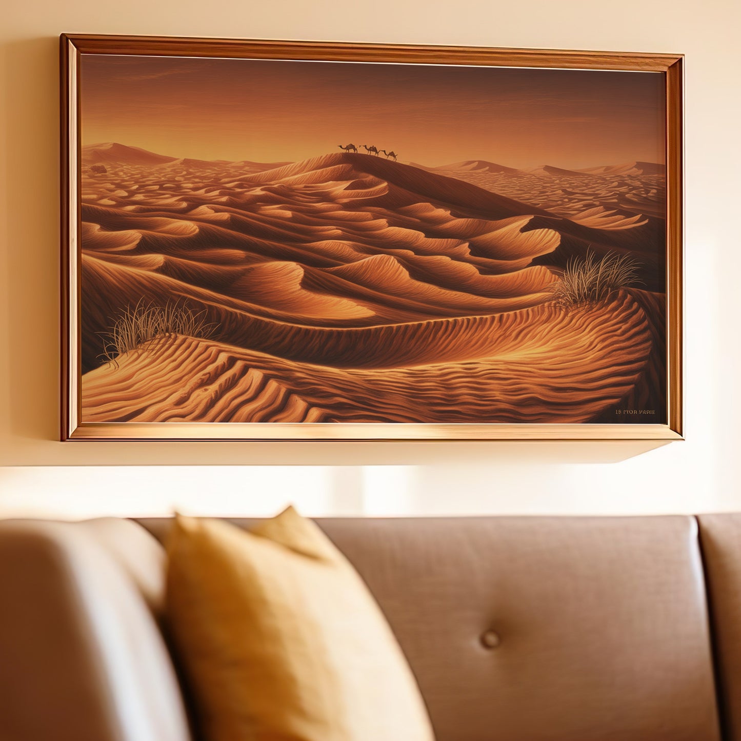 Framed painting of a desert landscape with camels and a sunset, signed "LB FYOR PARIE".