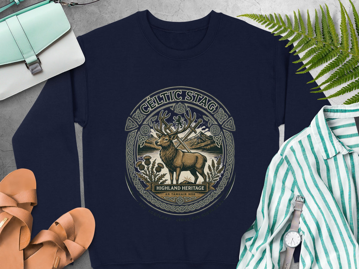 Navy sweatshirt with a circular "Celtic Stag Highland Heritage" graphic featuring a stag.