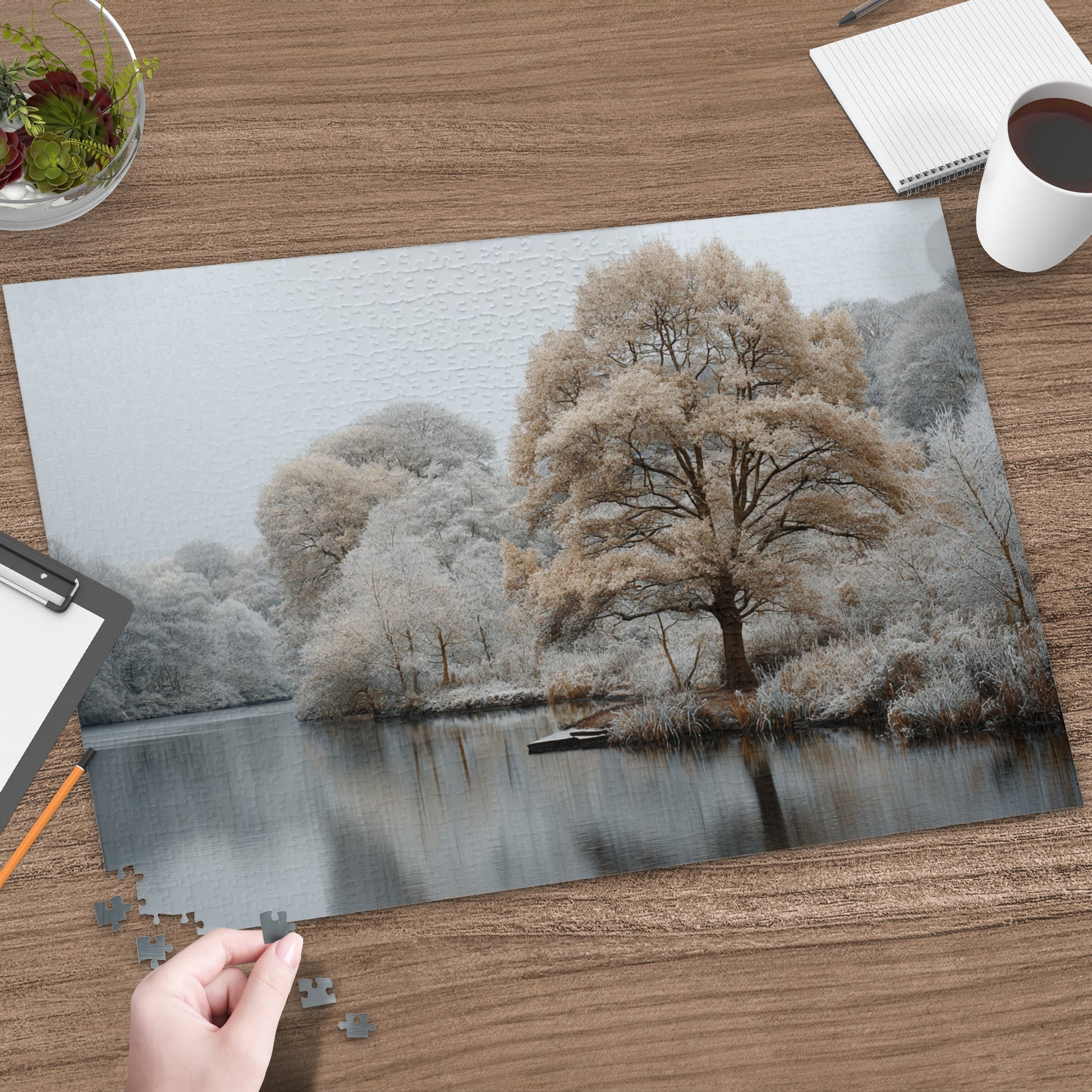 Serene Snow-covered Trees by a Calm Lake Puzzle