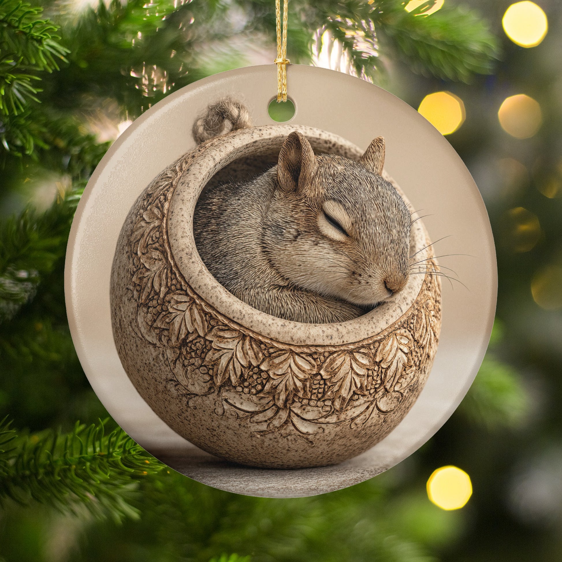 Sleeping Squirrel in Round Decor Ornament for Christmas