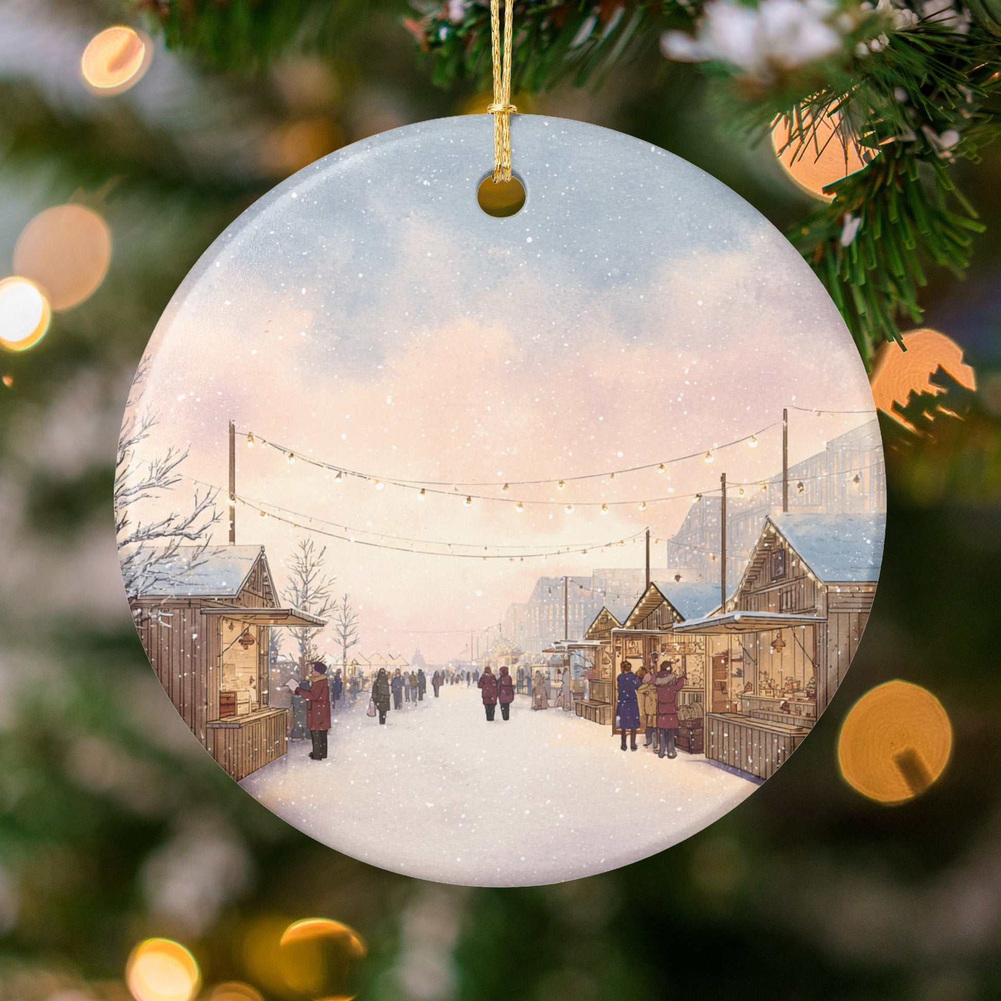 Christmas Market Scene Round Ornament
